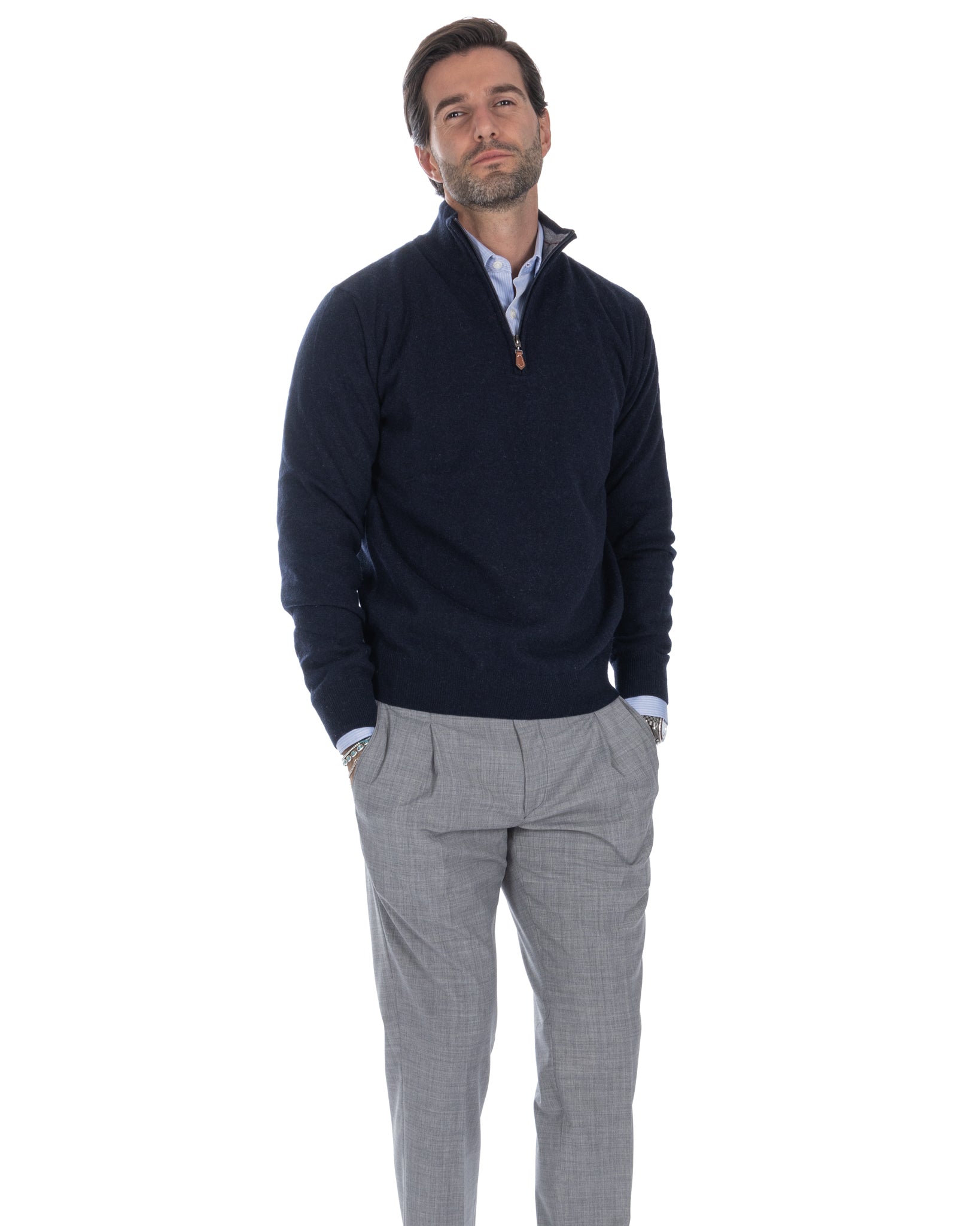 Lupetto con zip Rory in misto cachemire blu