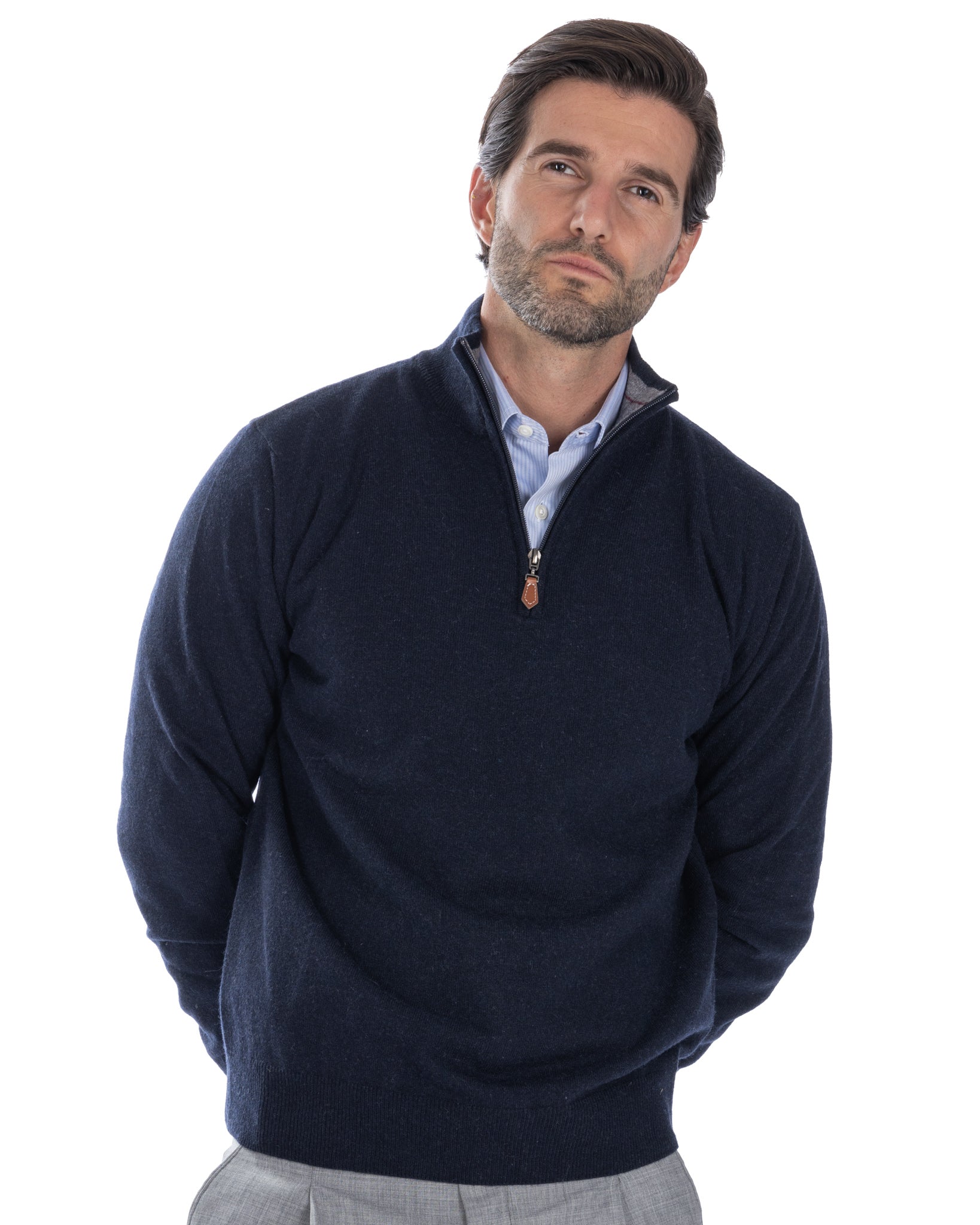 Lupetto con zip Rory in misto cachemire blu