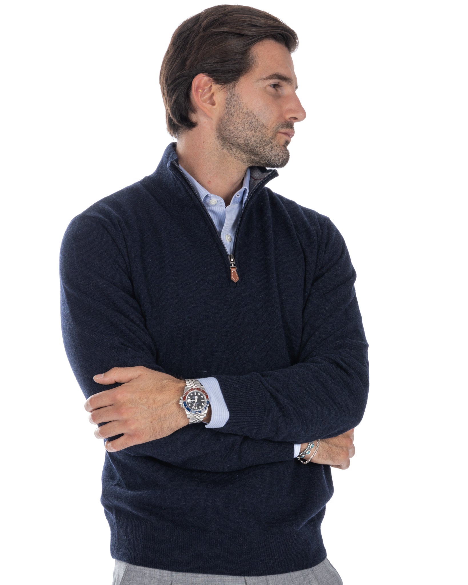 Lupetto con zip Rory in misto cachemire blu