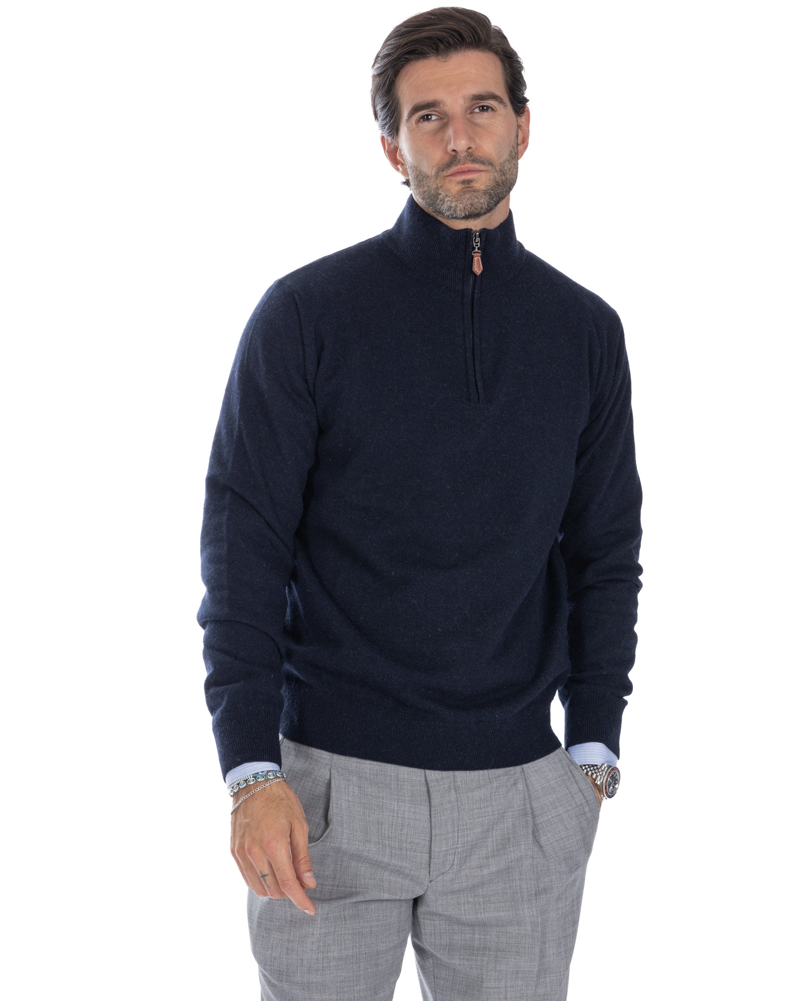 Lupetto con zip Rory in misto cachemire blu
