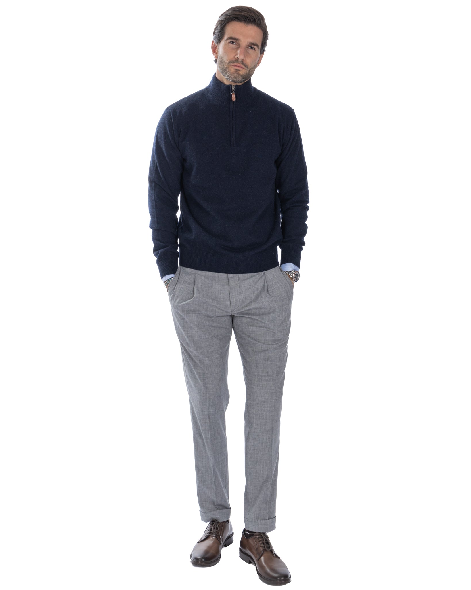 Lupetto con zip Rory in misto cachemire blu