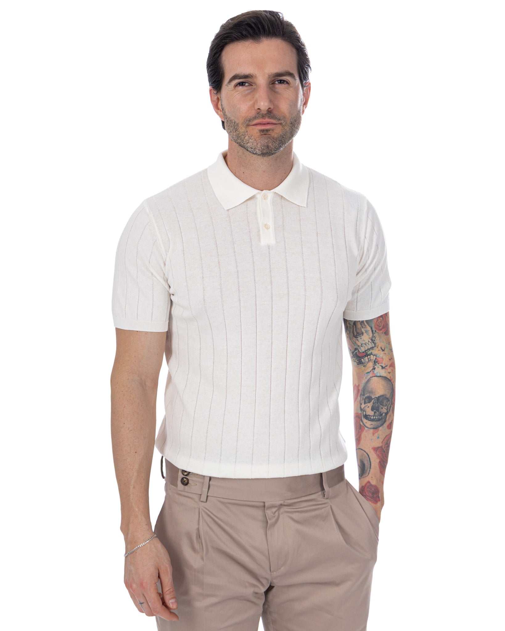 Cameron - White Ribbed Knit Polo