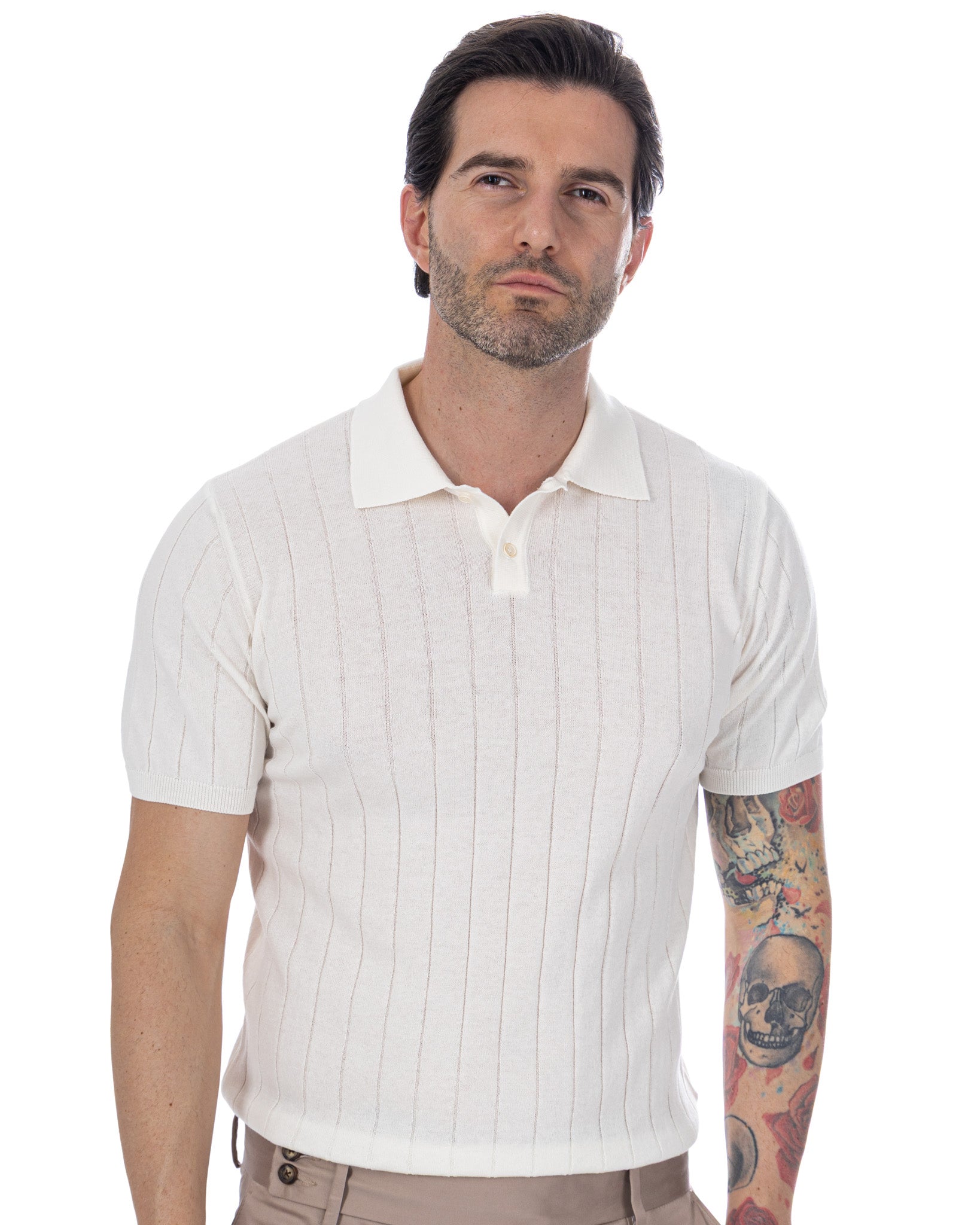 Cameron - White Ribbed Knit Polo