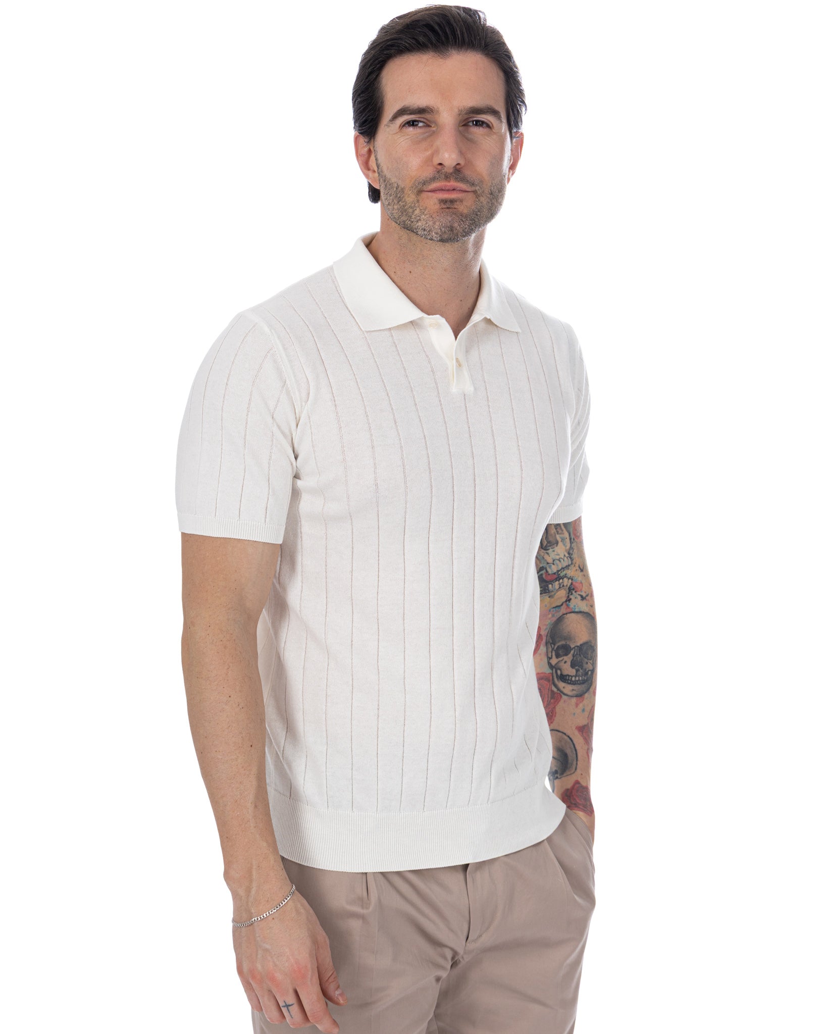 Cameron - White Ribbed Knit Polo