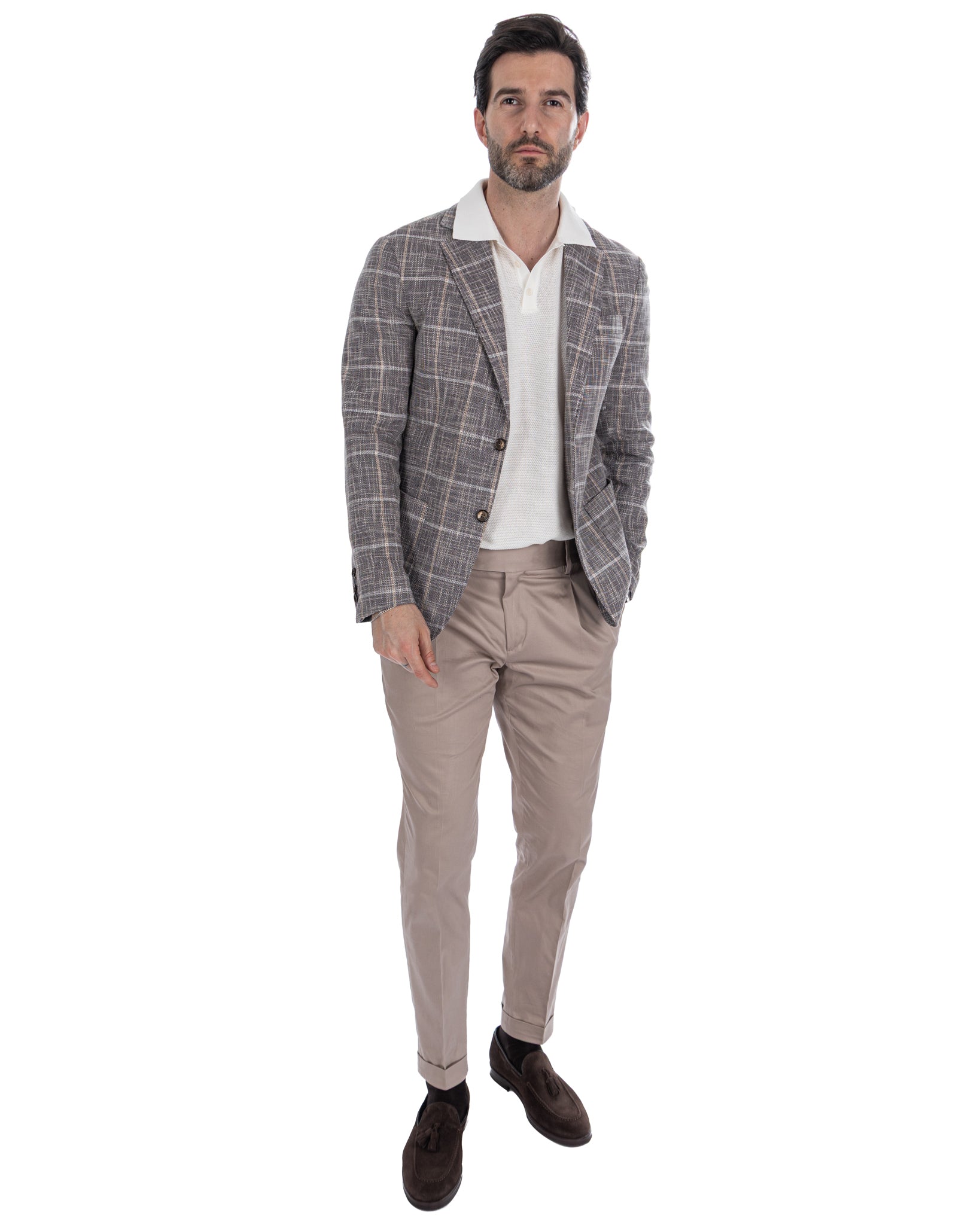 Sitka - giacca monopetto quadro beige