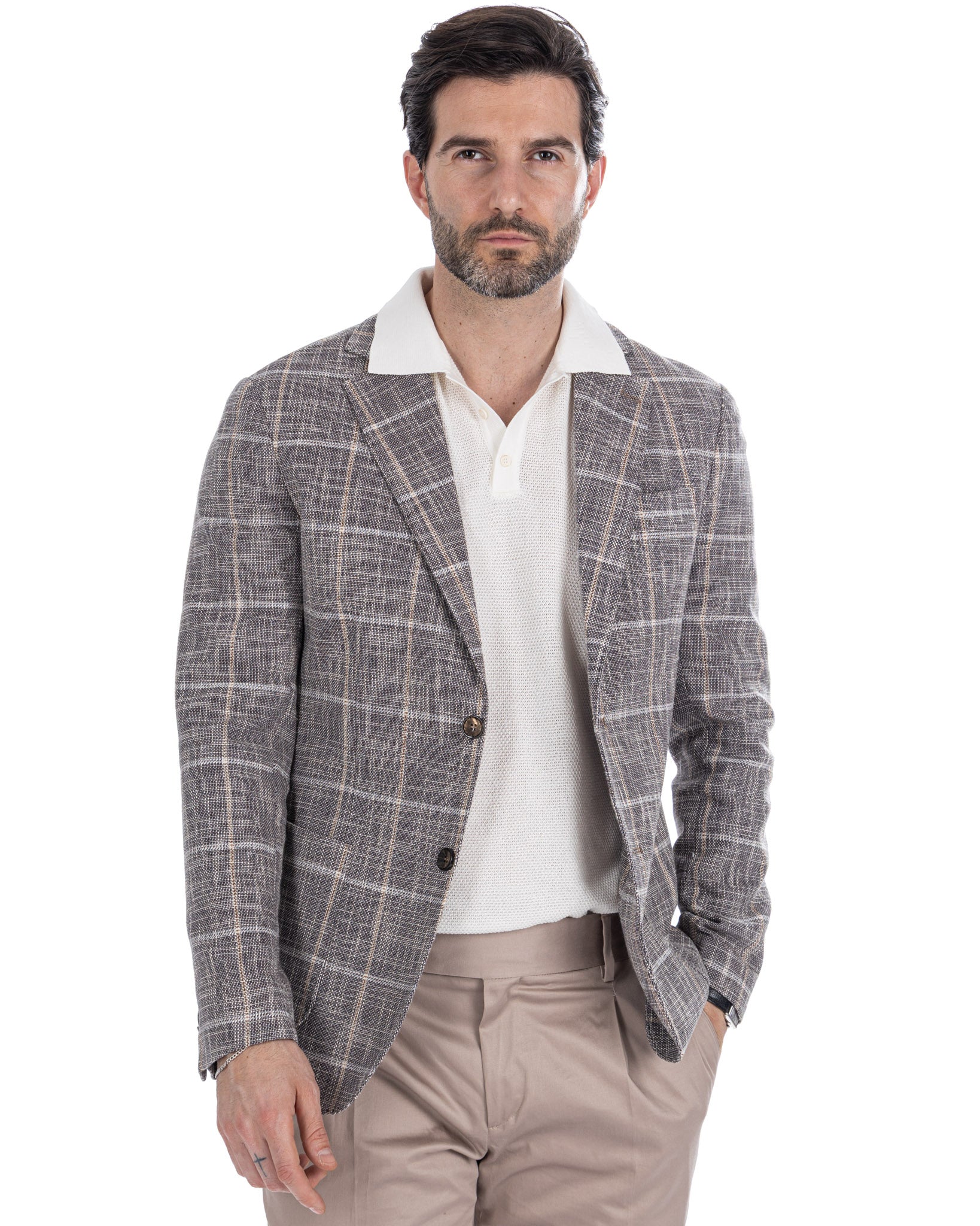 Sitka - giacca monopetto quadro beige