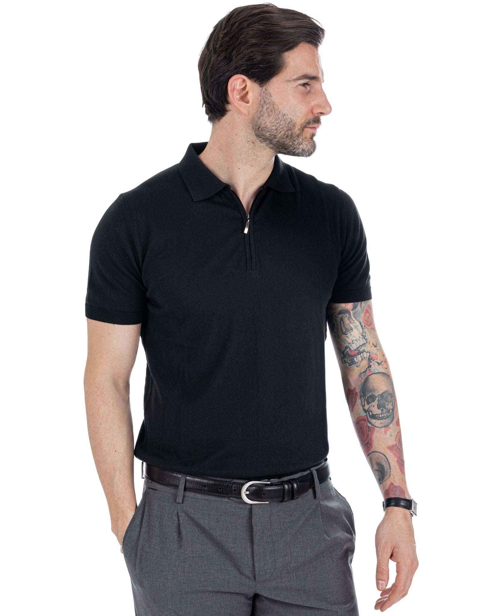 Sebastian - polo in maglia nera con cerniera