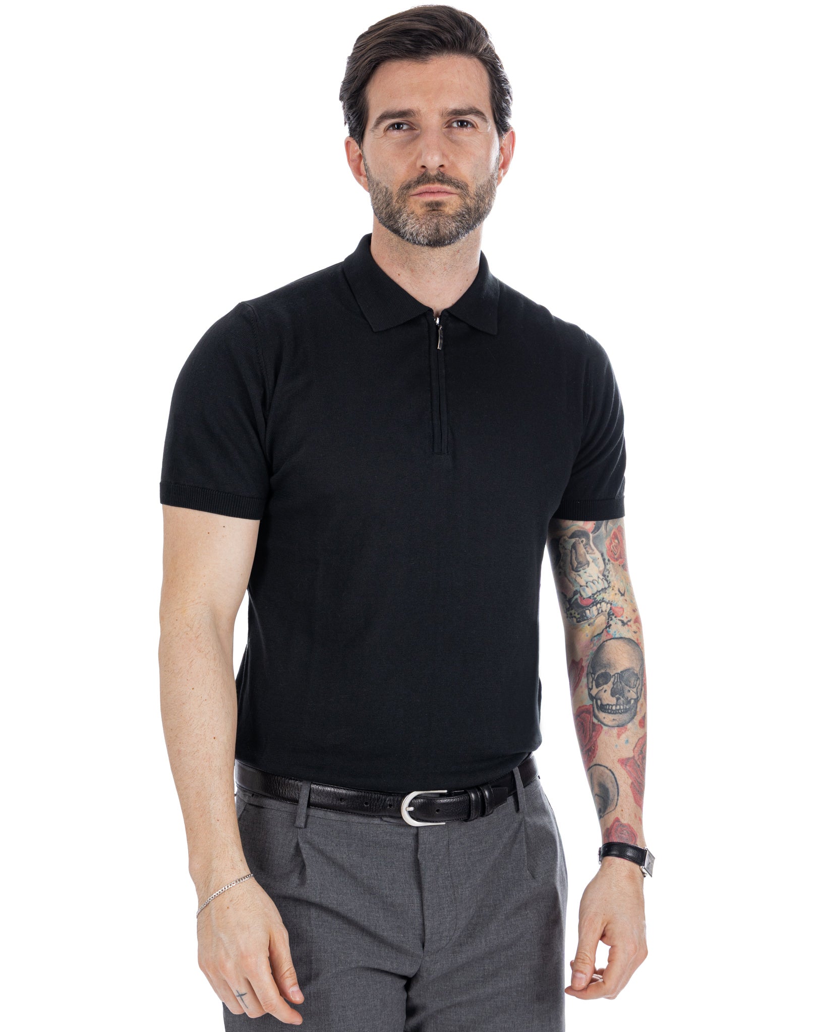 Sebastian - polo in maglia nera con cerniera