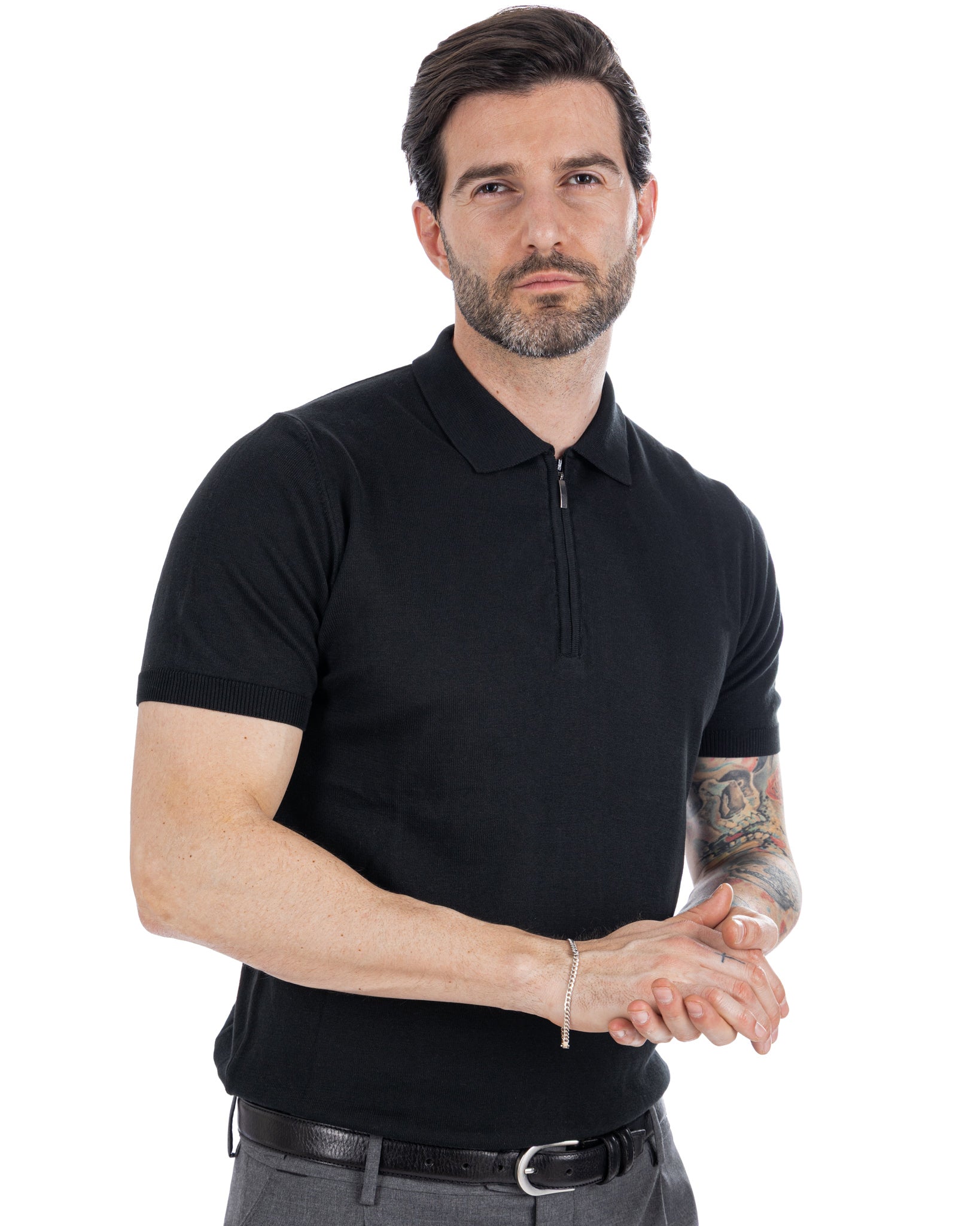 Sebastian - polo in maglia nera con cerniera