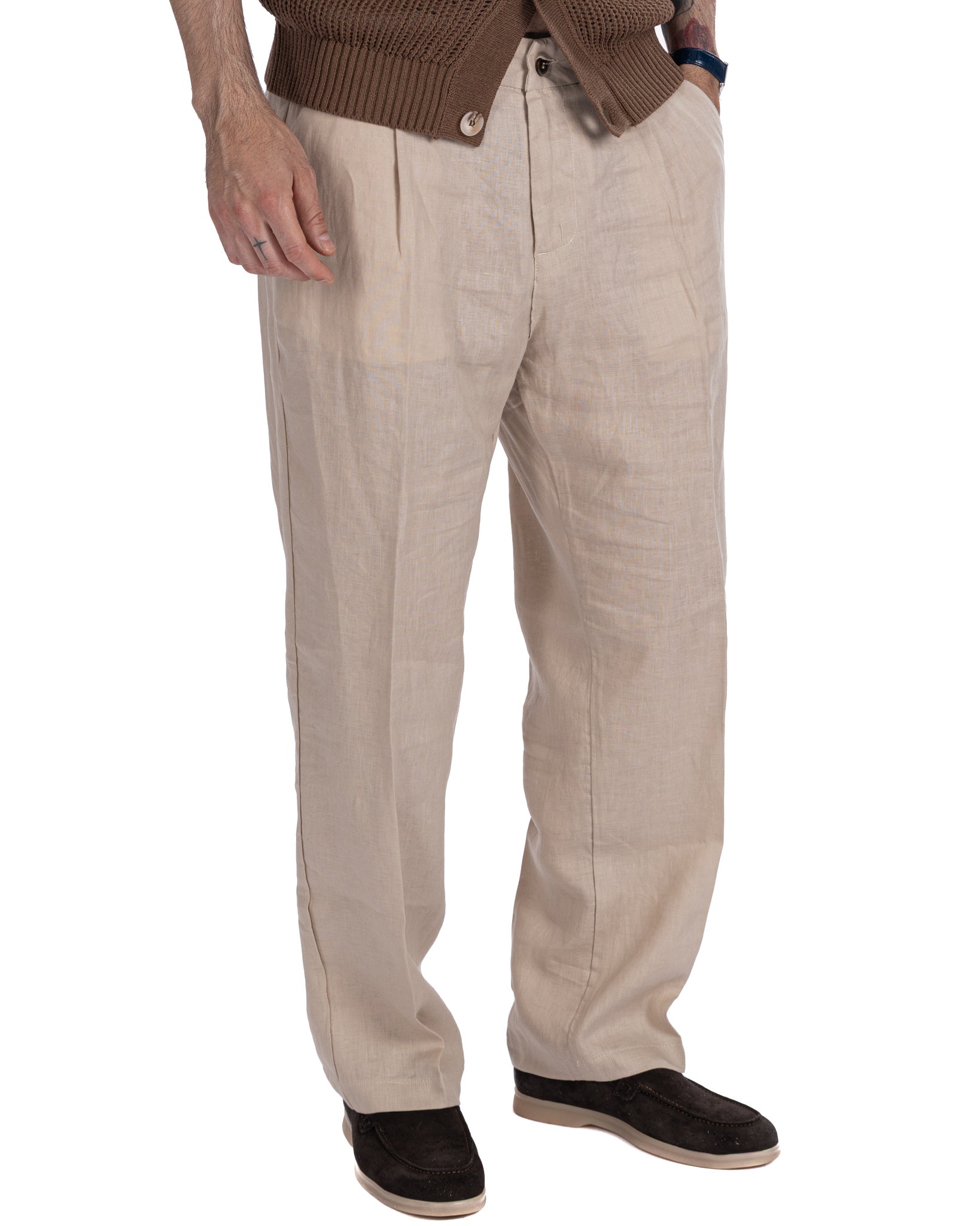 Lucas - pantalone largo in puro lino spago con pinces
