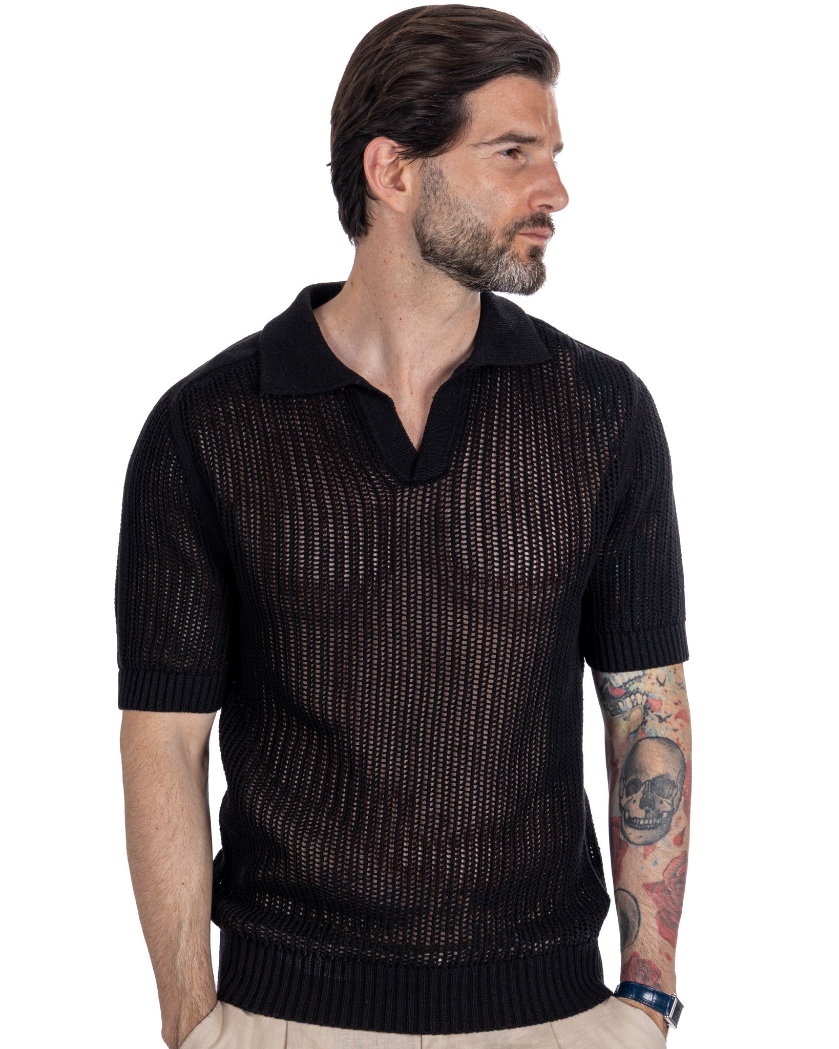 Casper - polo oversize traforata nera