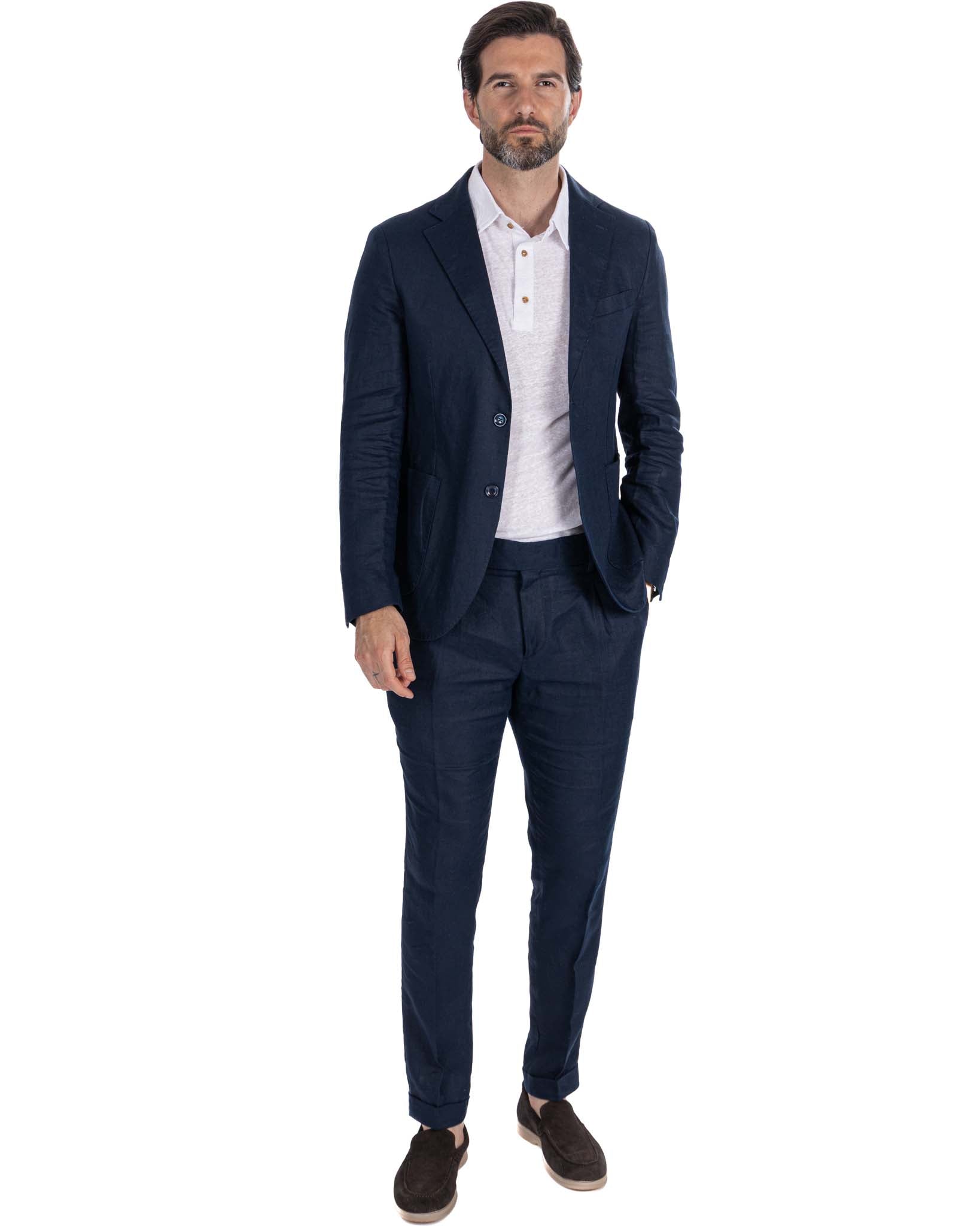 Pescaluse - pantalone vita alta in puro lino blu