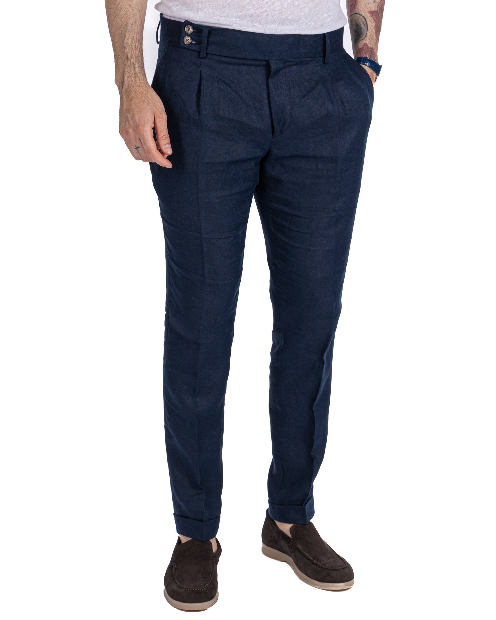 Pescaluse - pantalone vita alta in puro lino blu