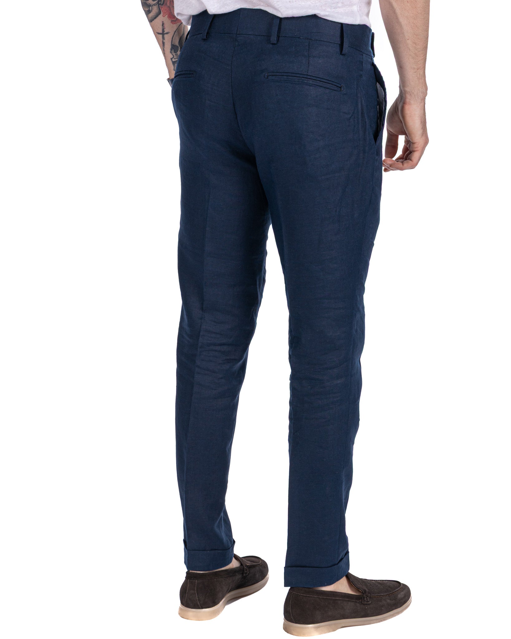 Pescaluse - pantalone vita alta in puro lino blu