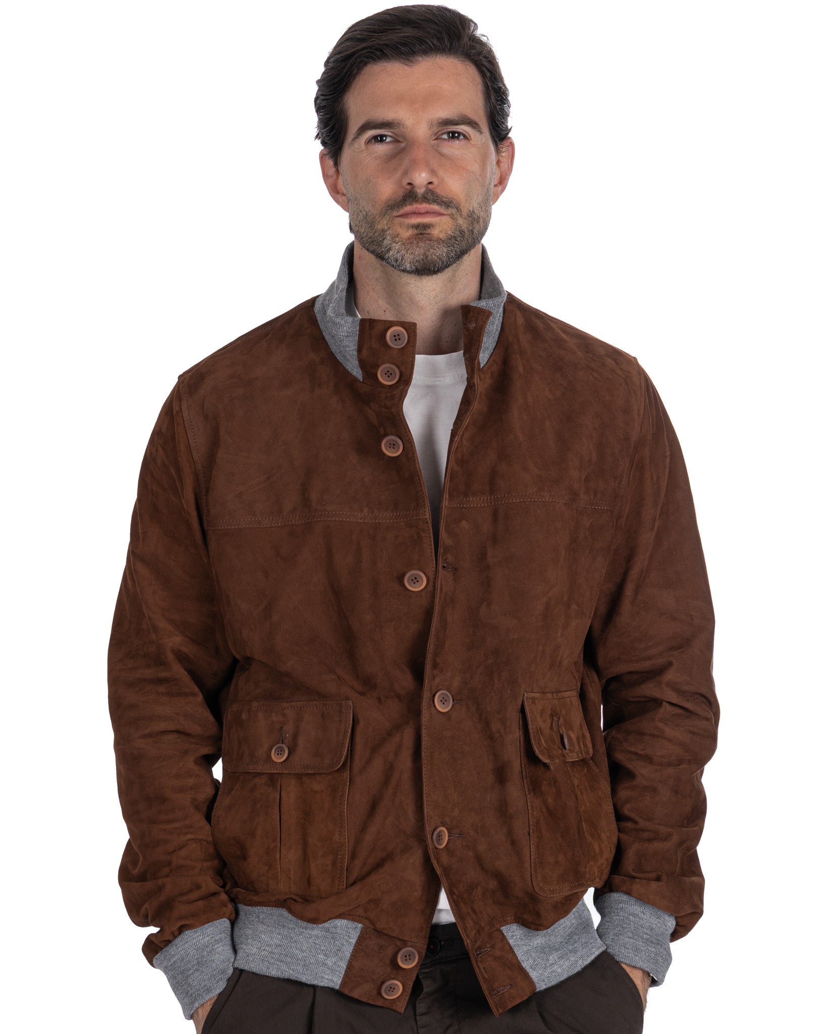 Bomber con bottoni scamosciato cammello