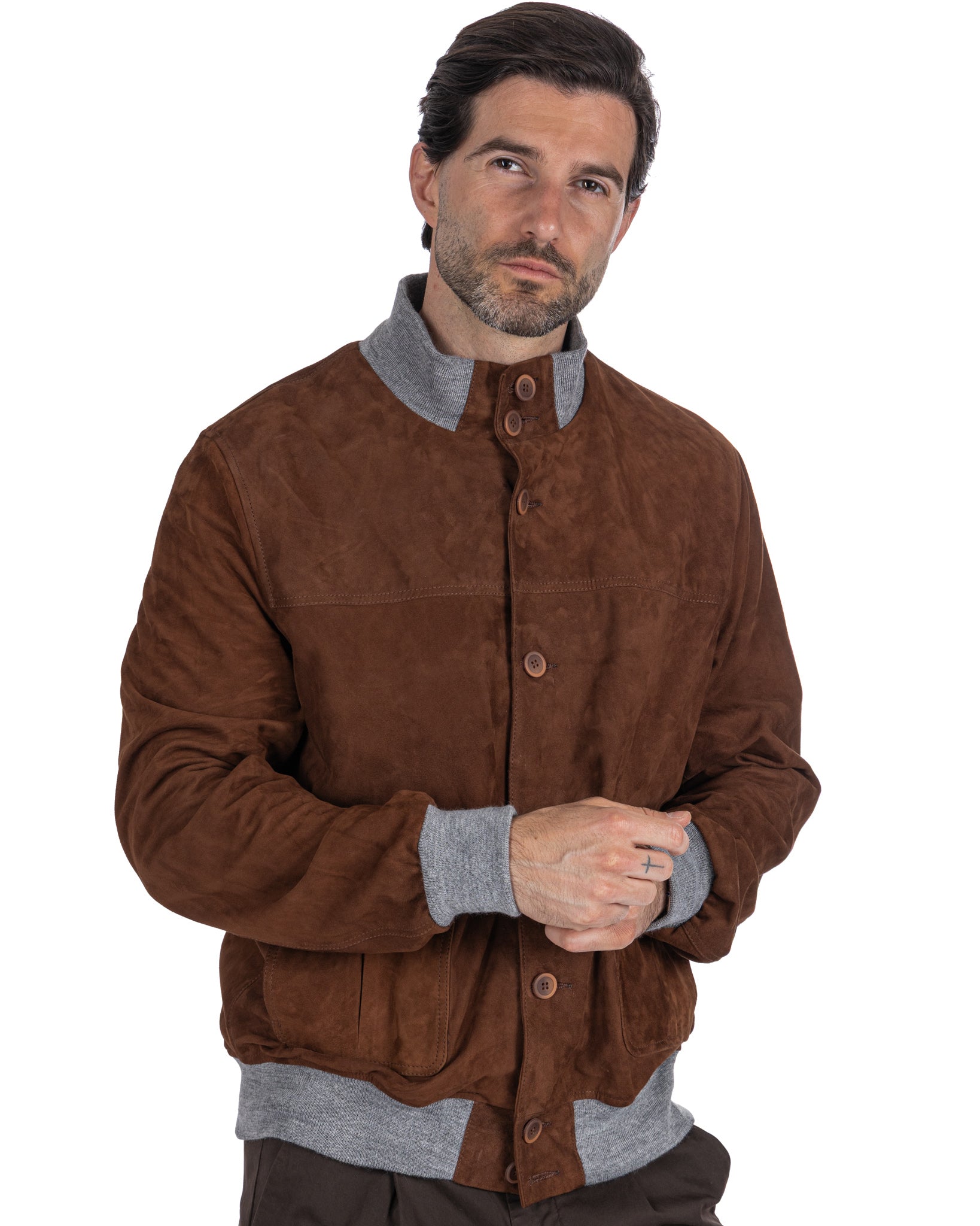 Camel Suede Button Bomber Jacket