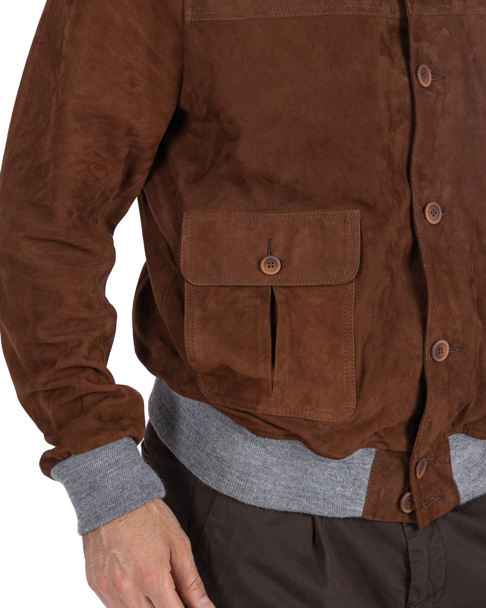 Camel Suede Button Bomber Jacket