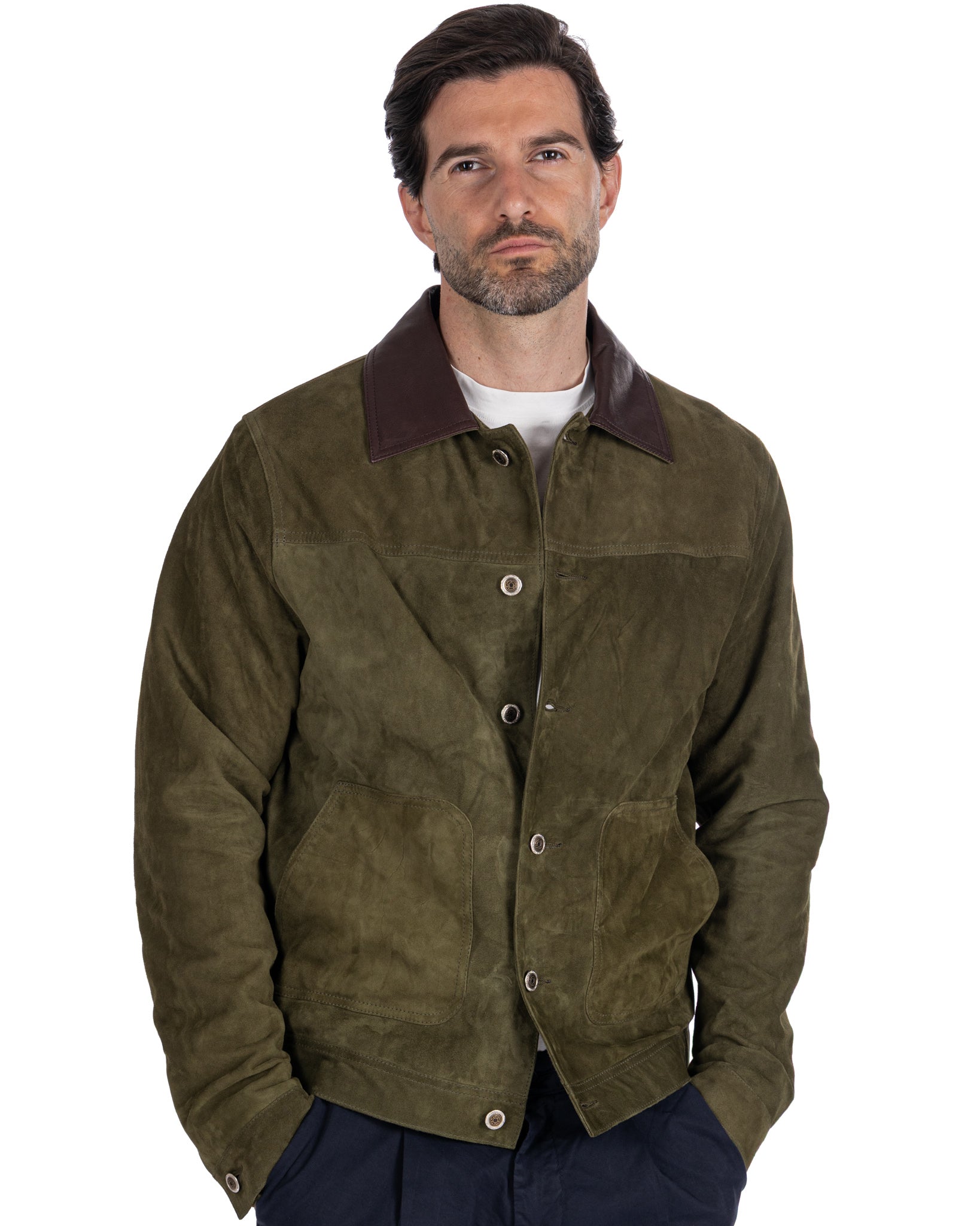 Veste boutonnée en daim vert