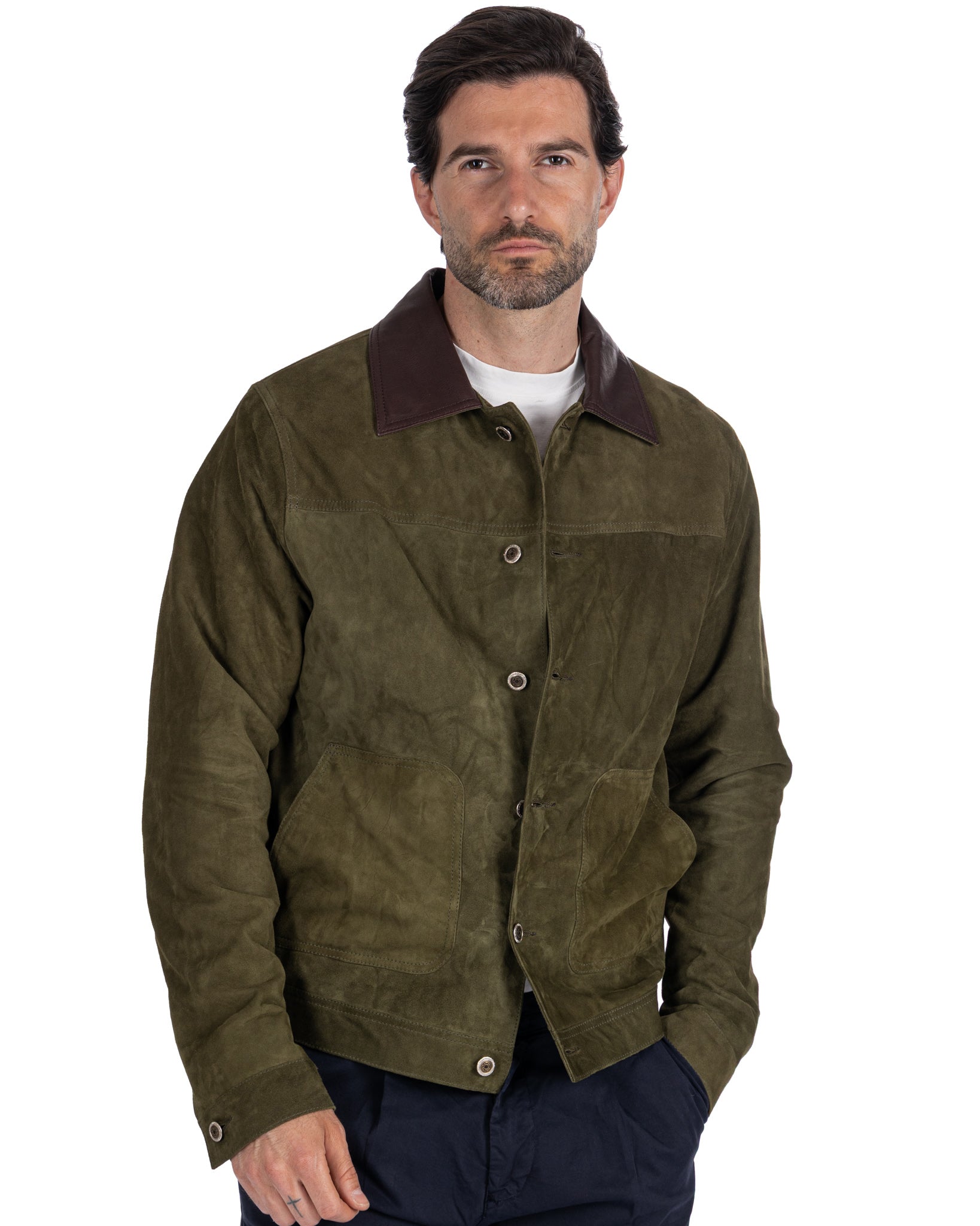 Veste boutonnée en daim vert