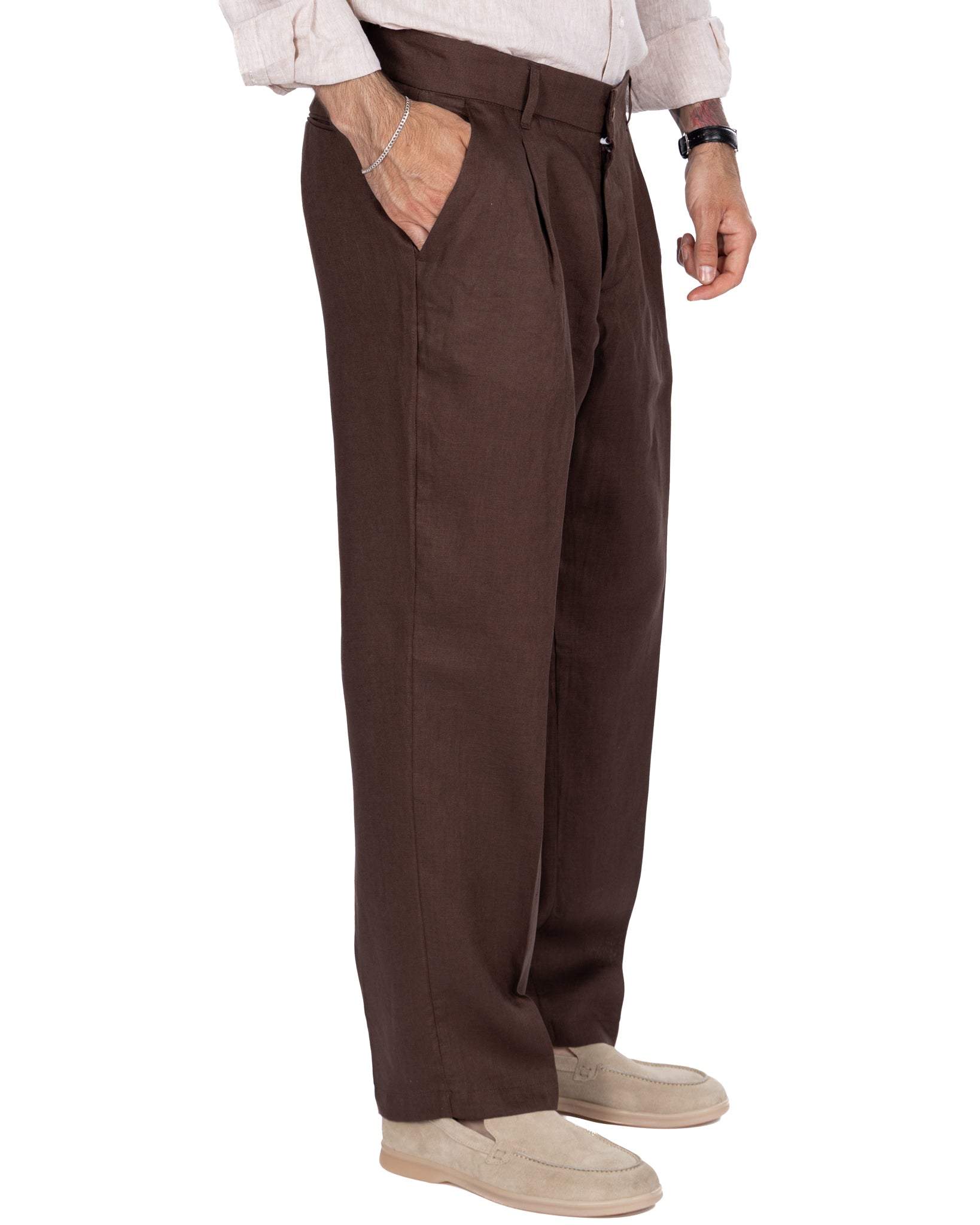 Lucas - pantalon large en pur lin foncé