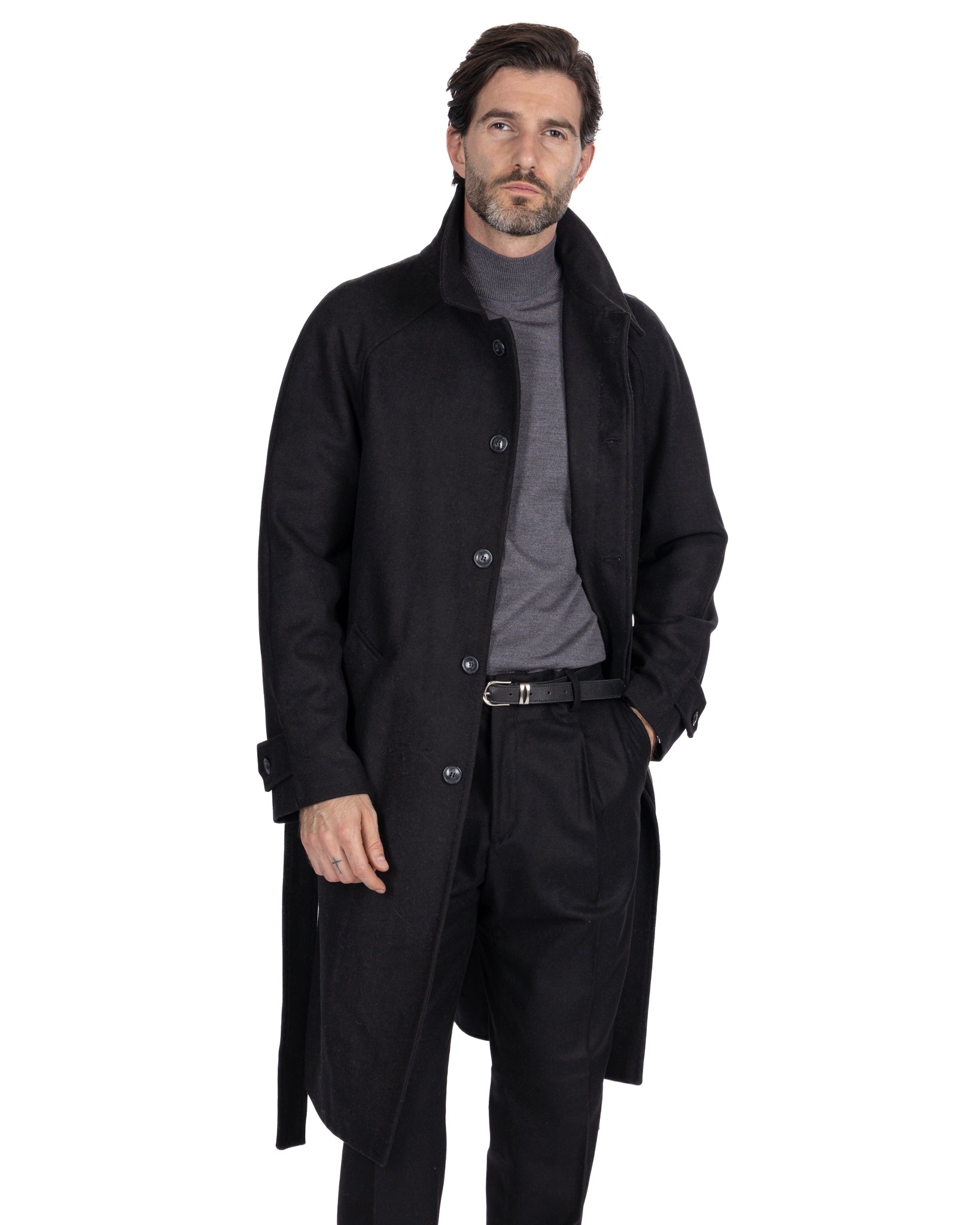 Dimitri long coat in black flannel