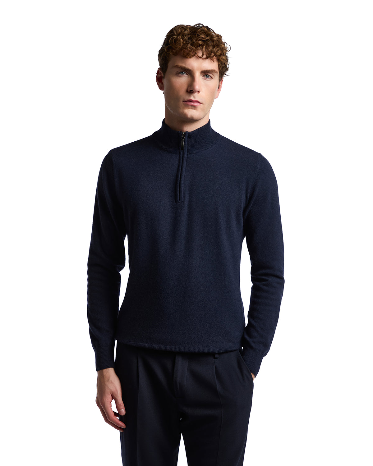 Men's navy quarter-zip sweater made of soft, cozy fleece, perfect for casual or stylish layering.