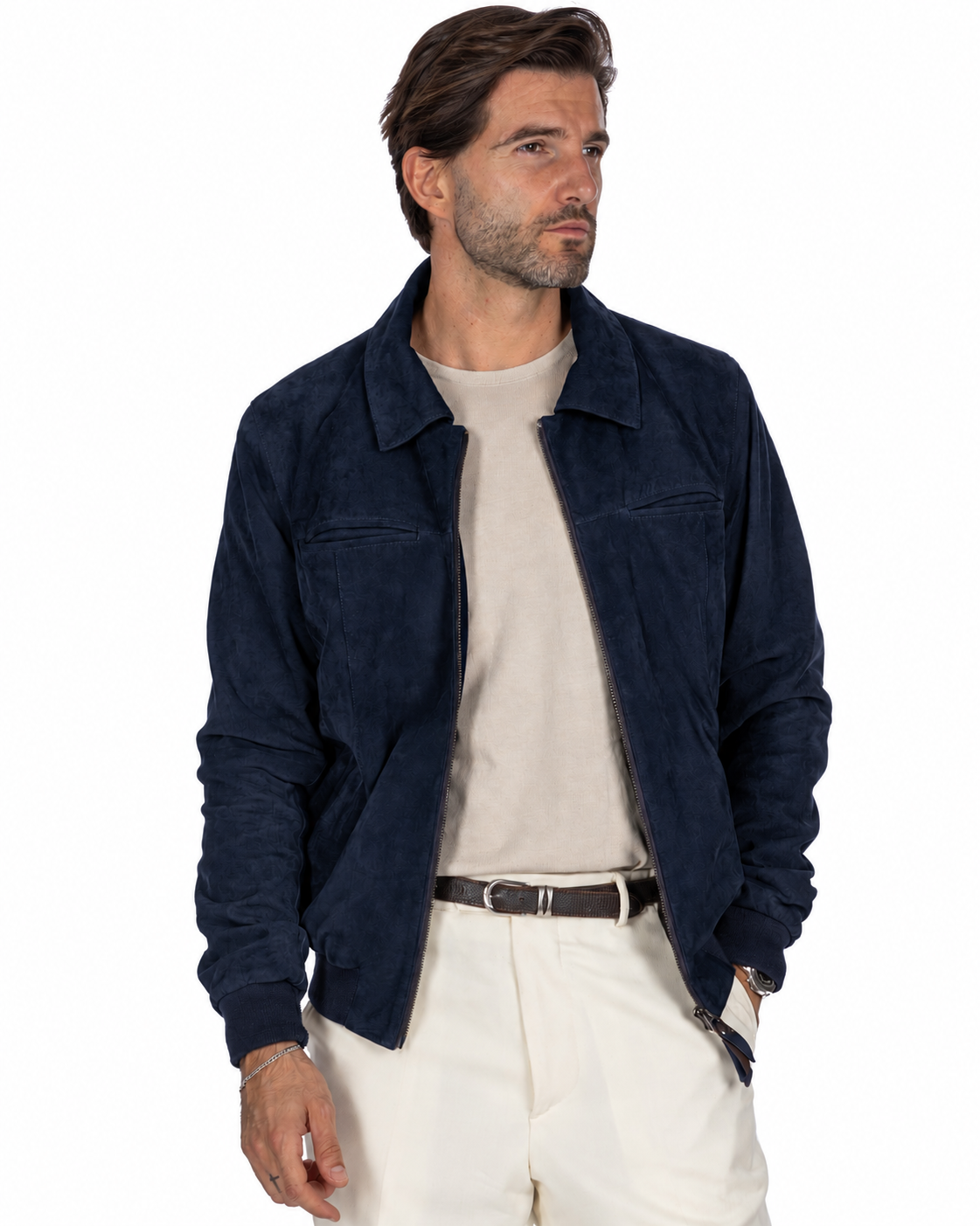 Men's navy blue suede jacket with a collared neckline and zipper closure, paired with a casual beige shirt.