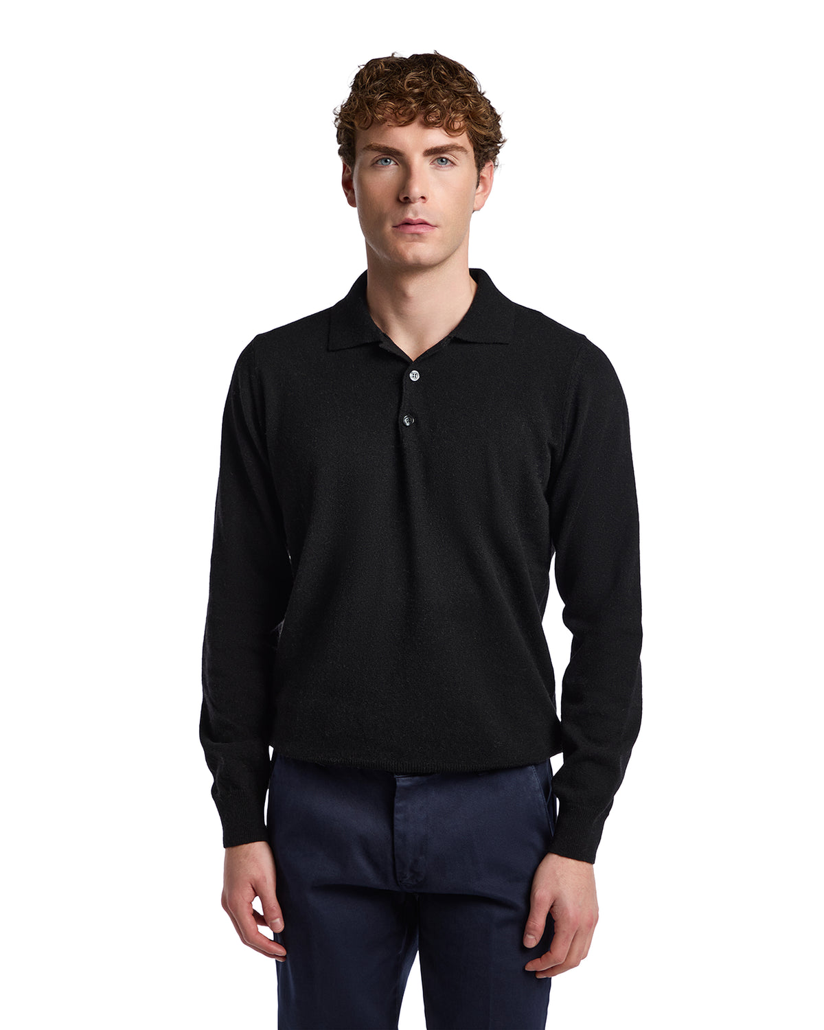 Men's black long-sleeve polo shirt in soft fabric with button placket, perfect for casual or smart-casual wear.