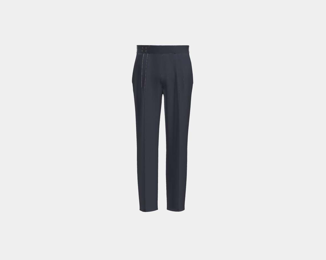 Pantalon tailleur en laine et soie bleu années 150 Caccioppoli avec bande