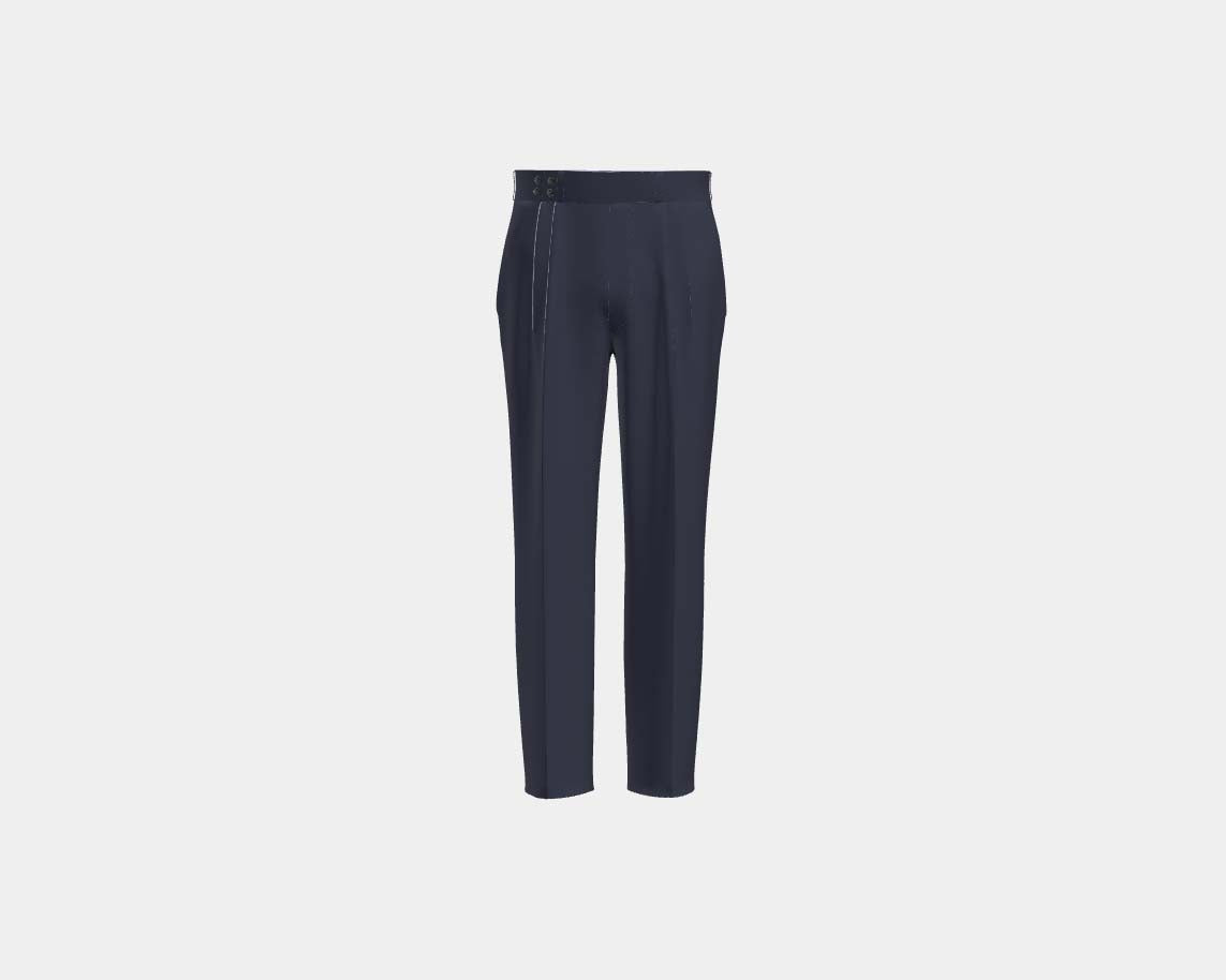Pantalon tailleur en laine bleu années 130 Caccioppoli avec bande