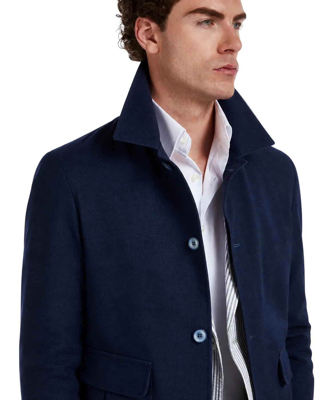 Navy blue cotton-blend jacket with a stylish collar and light blue buttons, perfect for a sophisticated look.