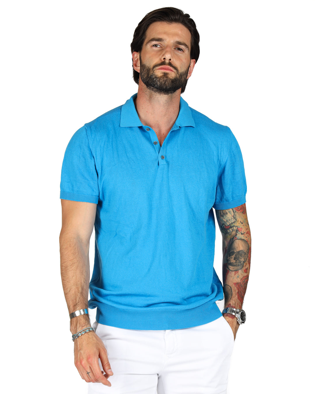 ROGER - LIGHT BLUE KNITTED POLO SHIRT