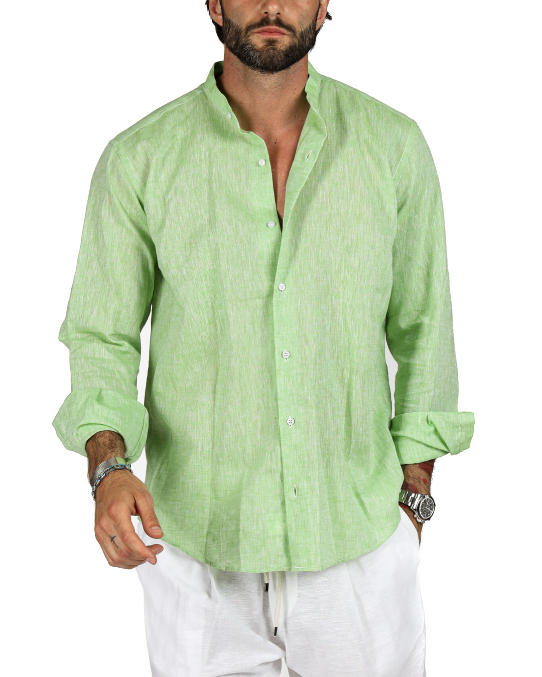 Positano - Camicia coreana verde mela in lino