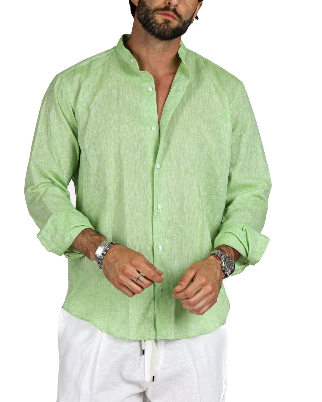 Positano - Camicia coreana verde mela in lino
