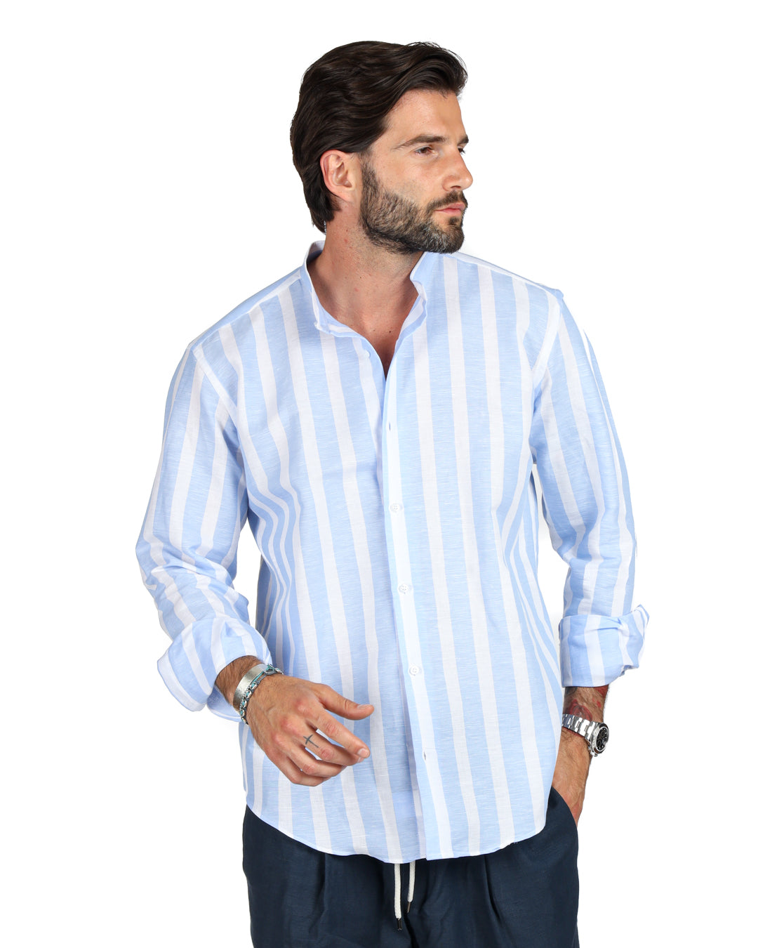 Amalfi - Korean shirt with maxi stripes in light blue