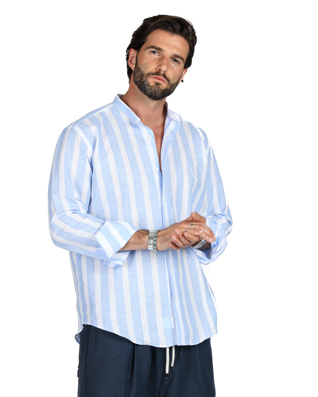 Amalfi - Korean shirt with maxi stripes in light blue