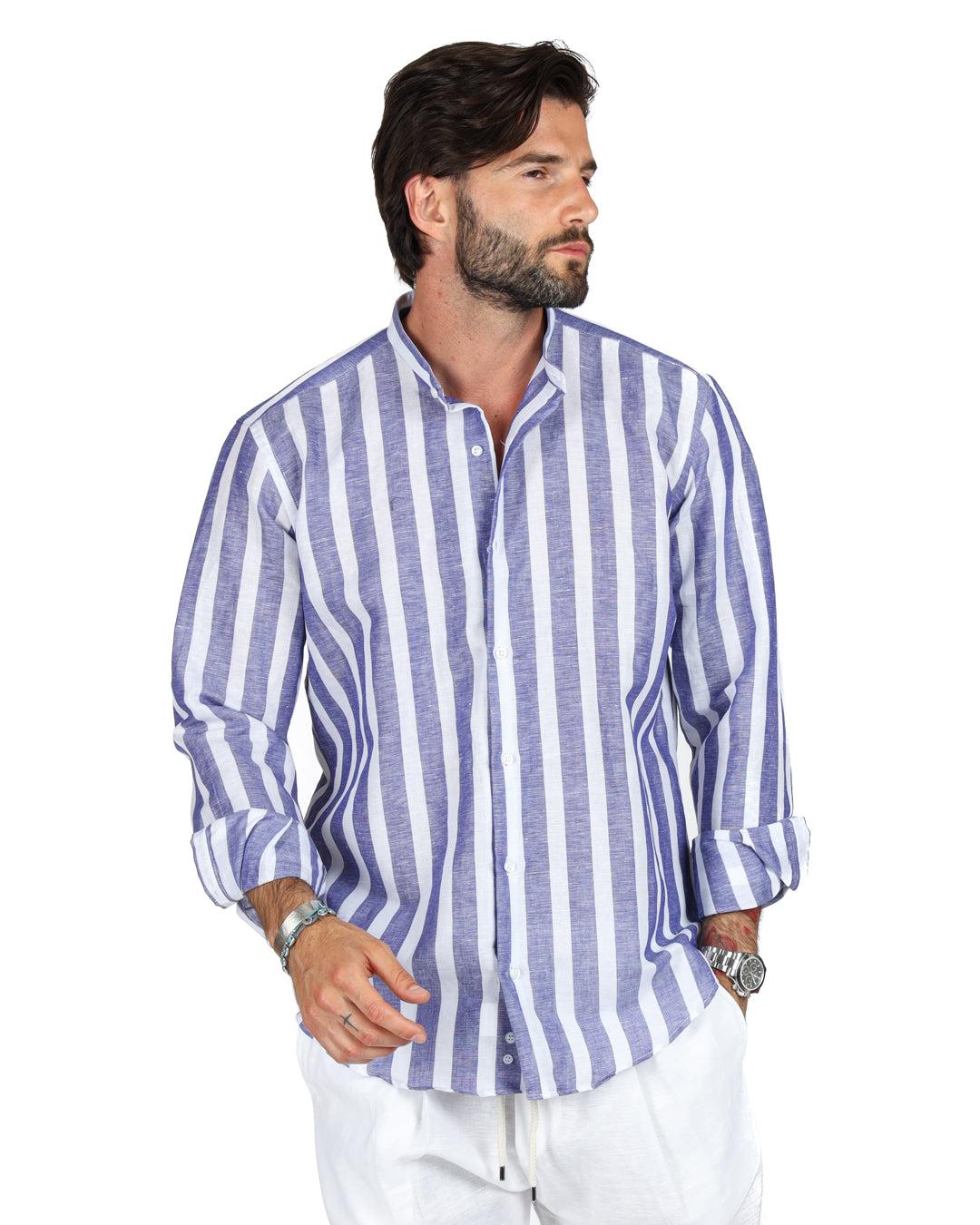 Amalfi - Korean shirt with maxi blue stripes