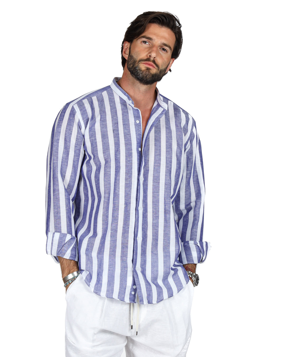 Amalfi - Korean shirt with maxi blue stripes