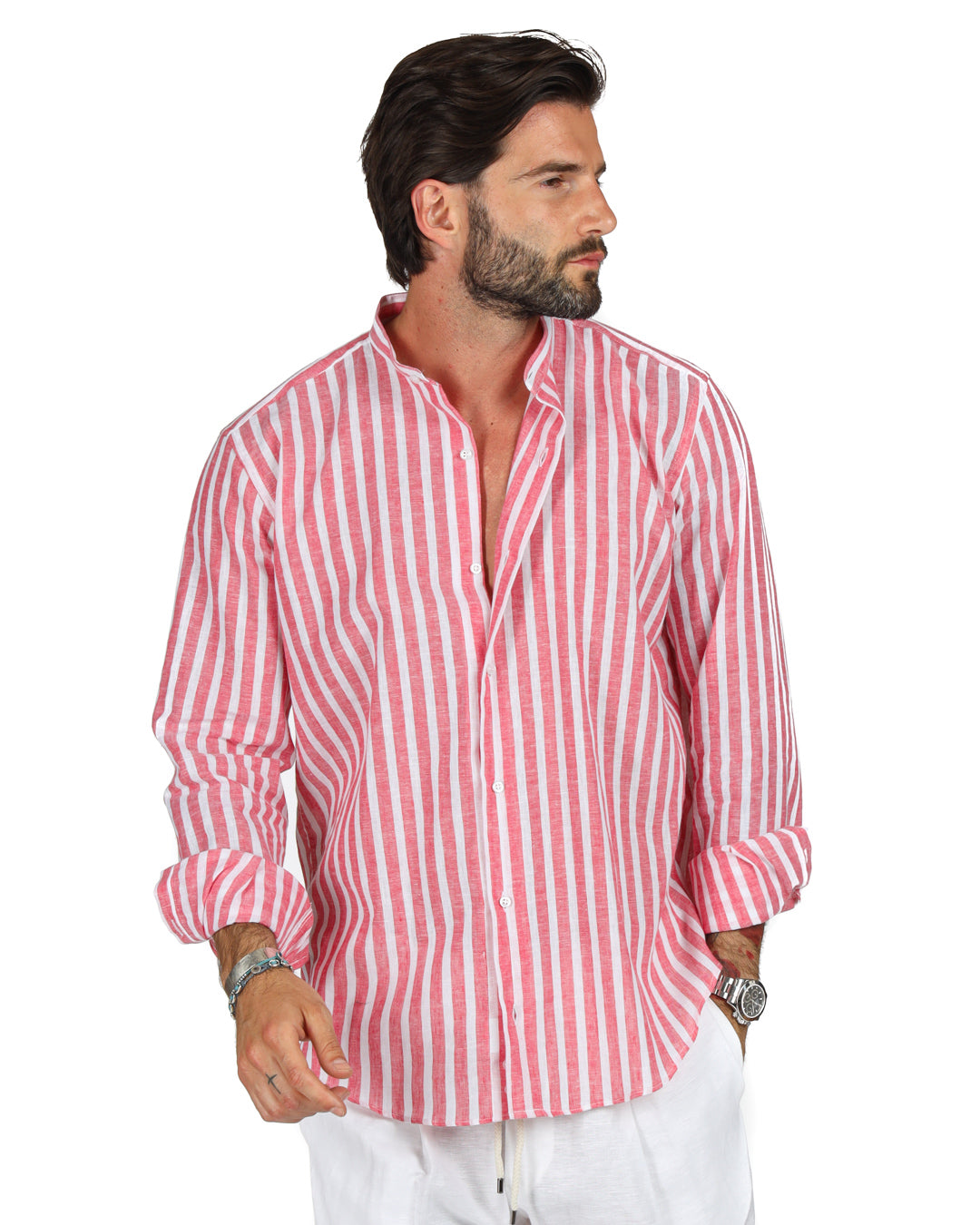 Procida - Korean linen shirt with wide red stripes