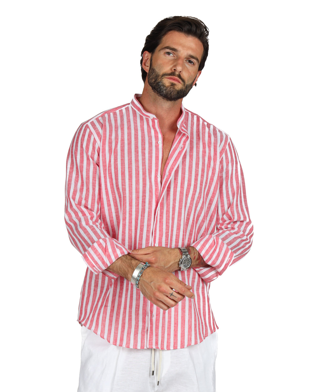 Procida - Korean linen shirt with wide red stripes