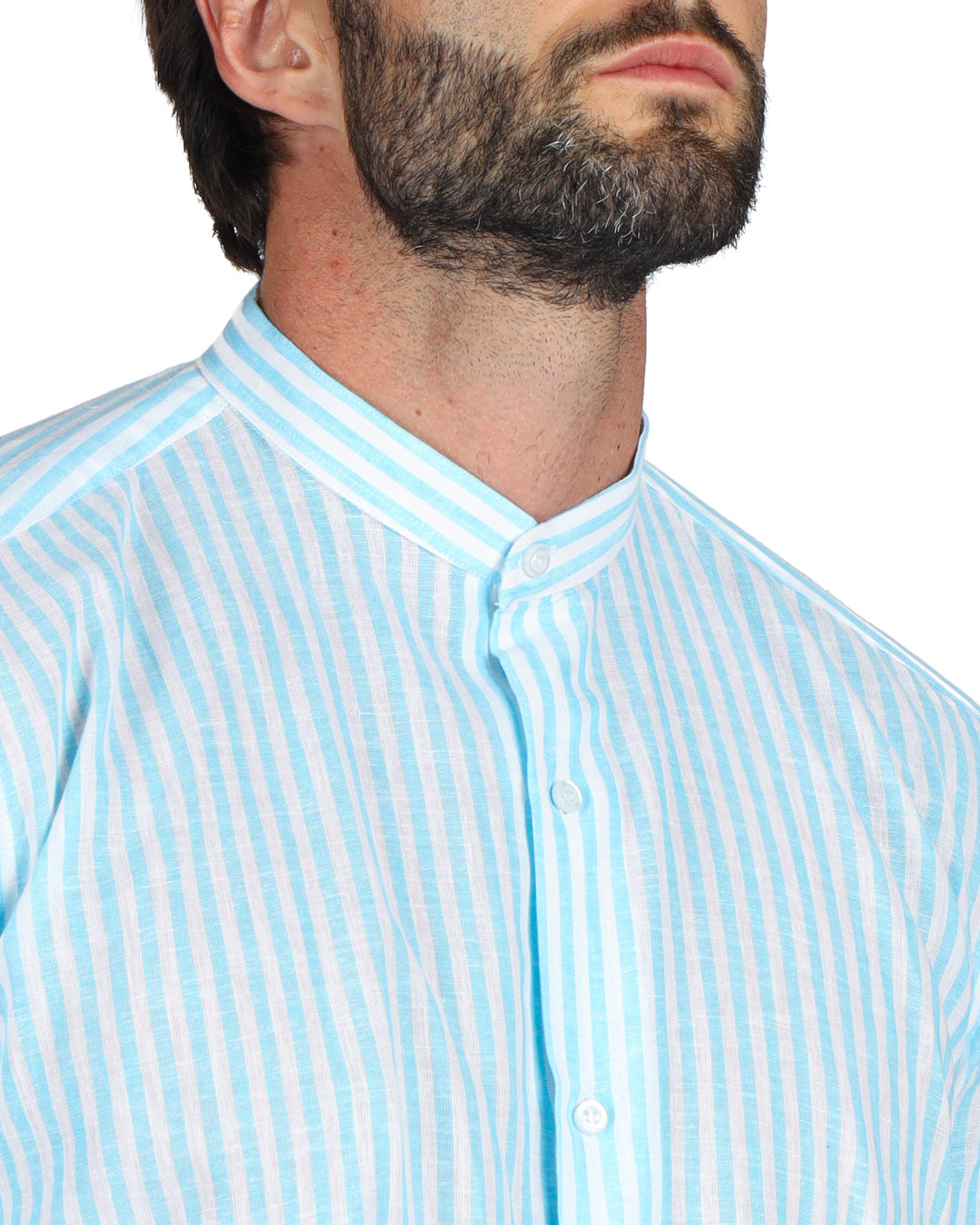 Ischia - Turquoise narrow striped Korean shirt in linen