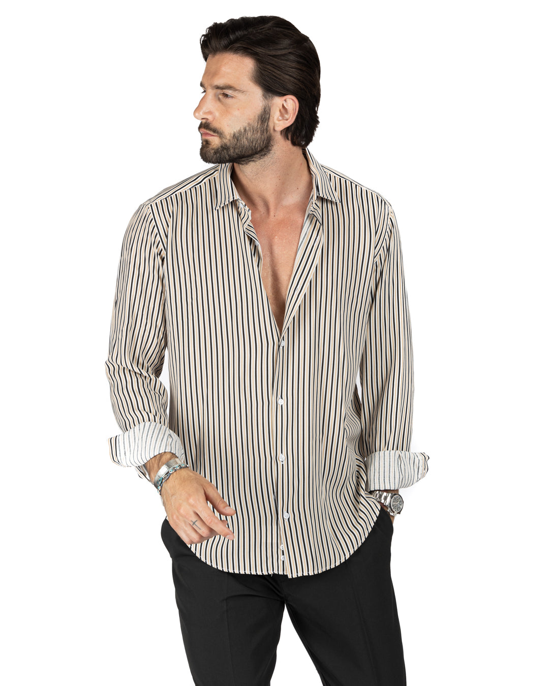 Barbuda - Classic beige striped patterned shirt