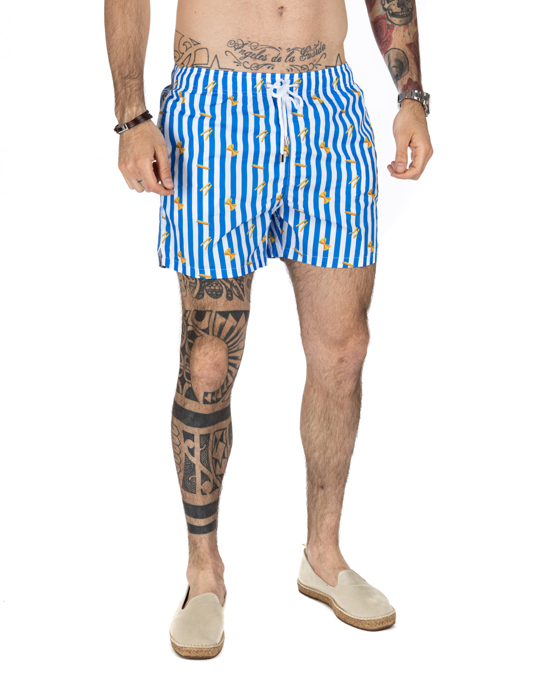 Swimsuit - Pasta pattern with light blue stripes