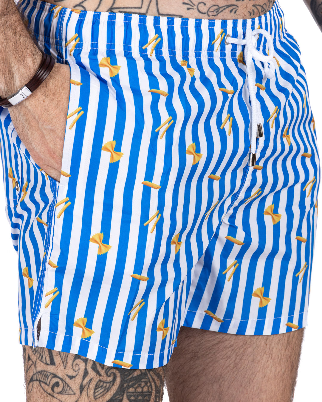 Swimsuit - Pasta pattern with light blue stripes