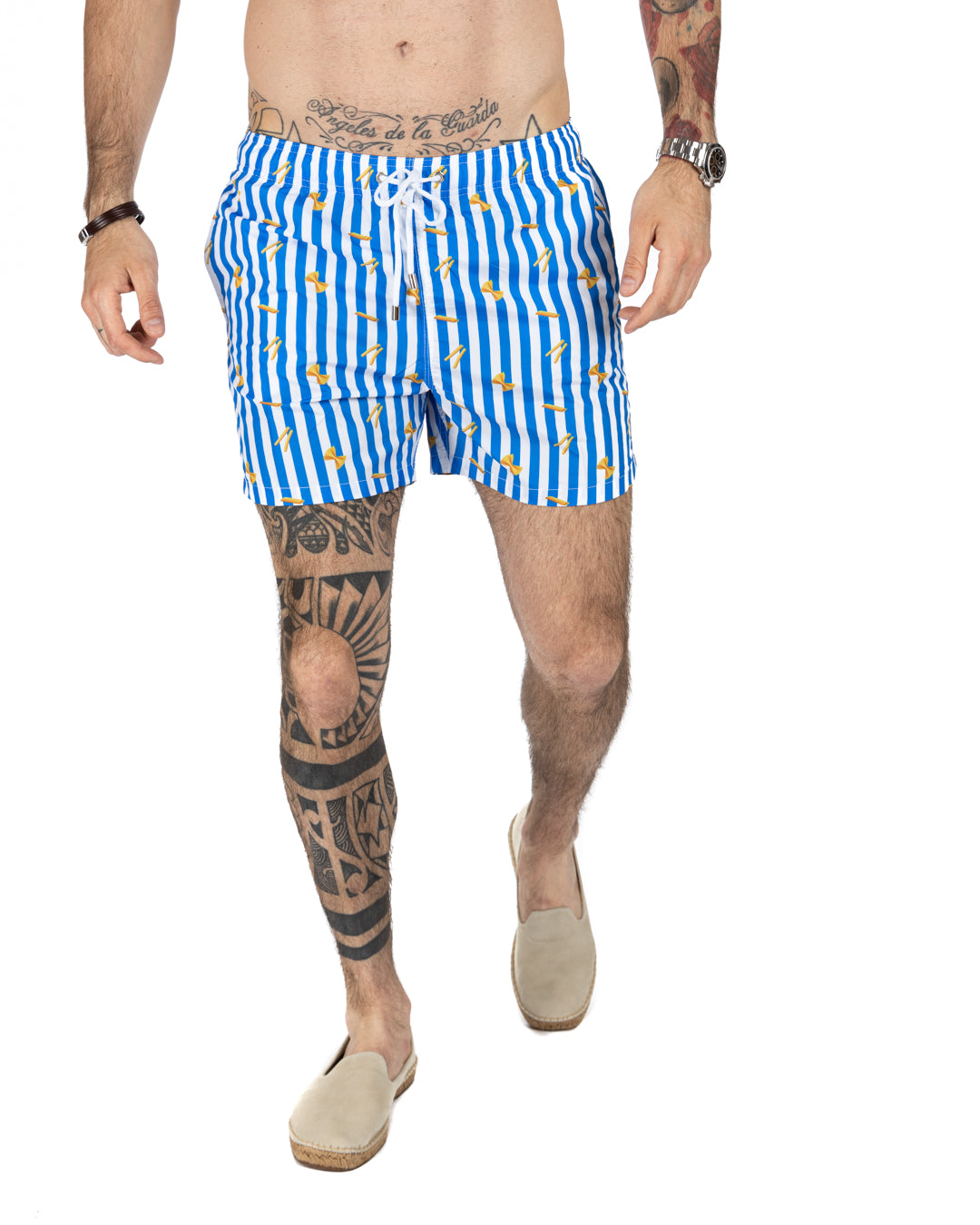 Swimsuit - Pasta pattern with light blue stripes