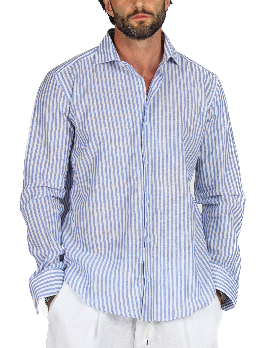 Ischia - Classic light blue narrow striped linen shirt