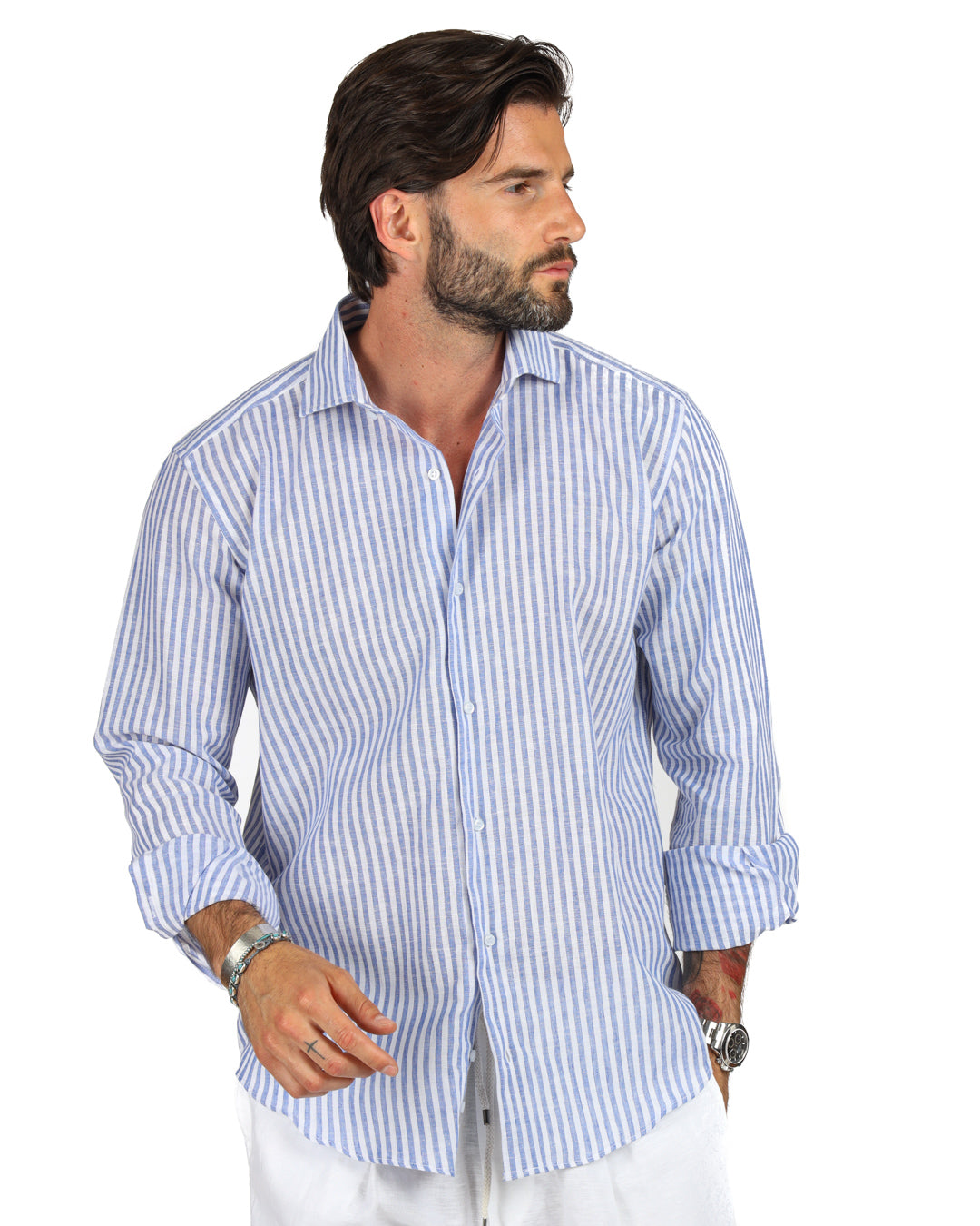 Ischia - Classic light blue narrow striped linen shirt