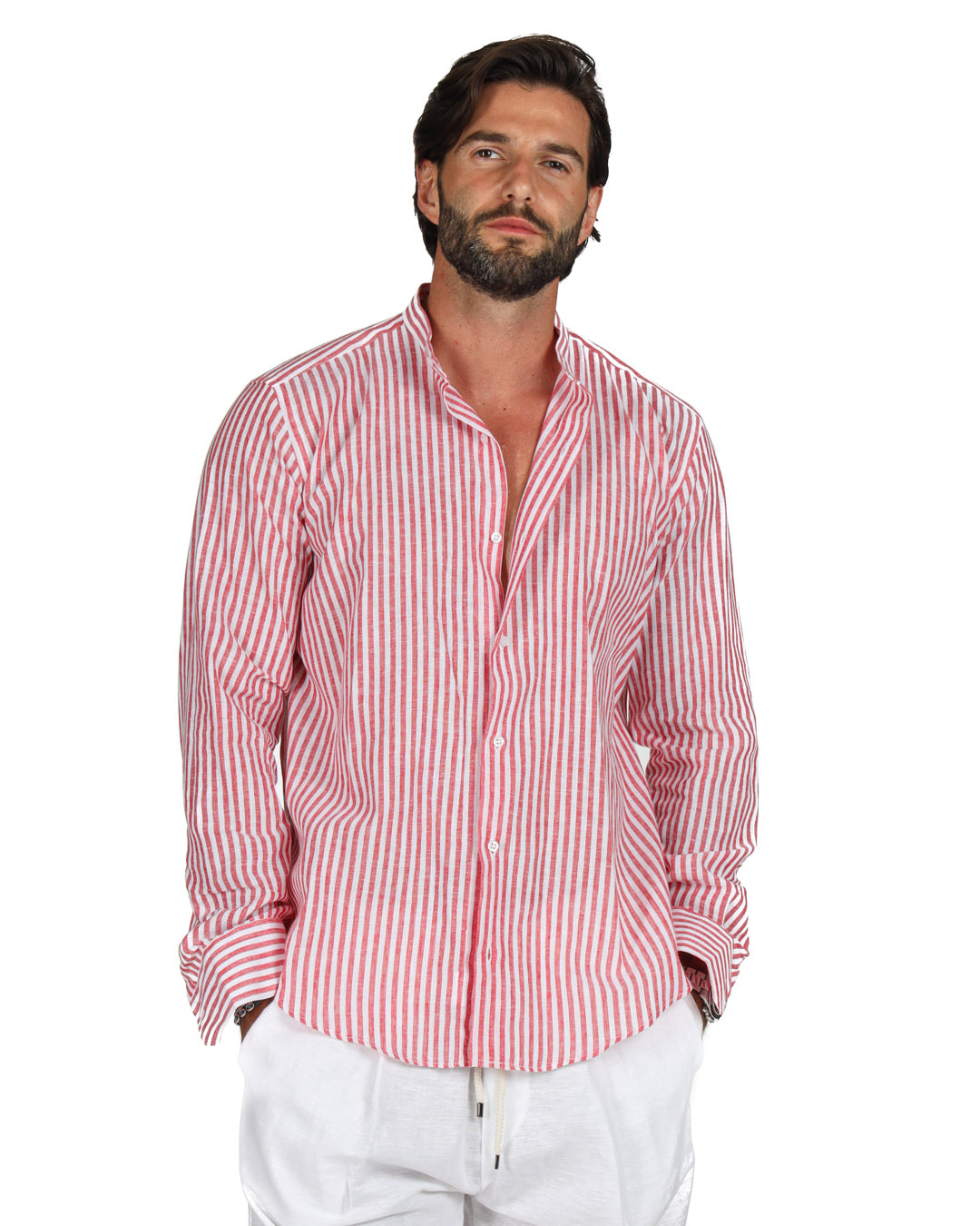 Ischia - Red narrow striped Korean linen shirt