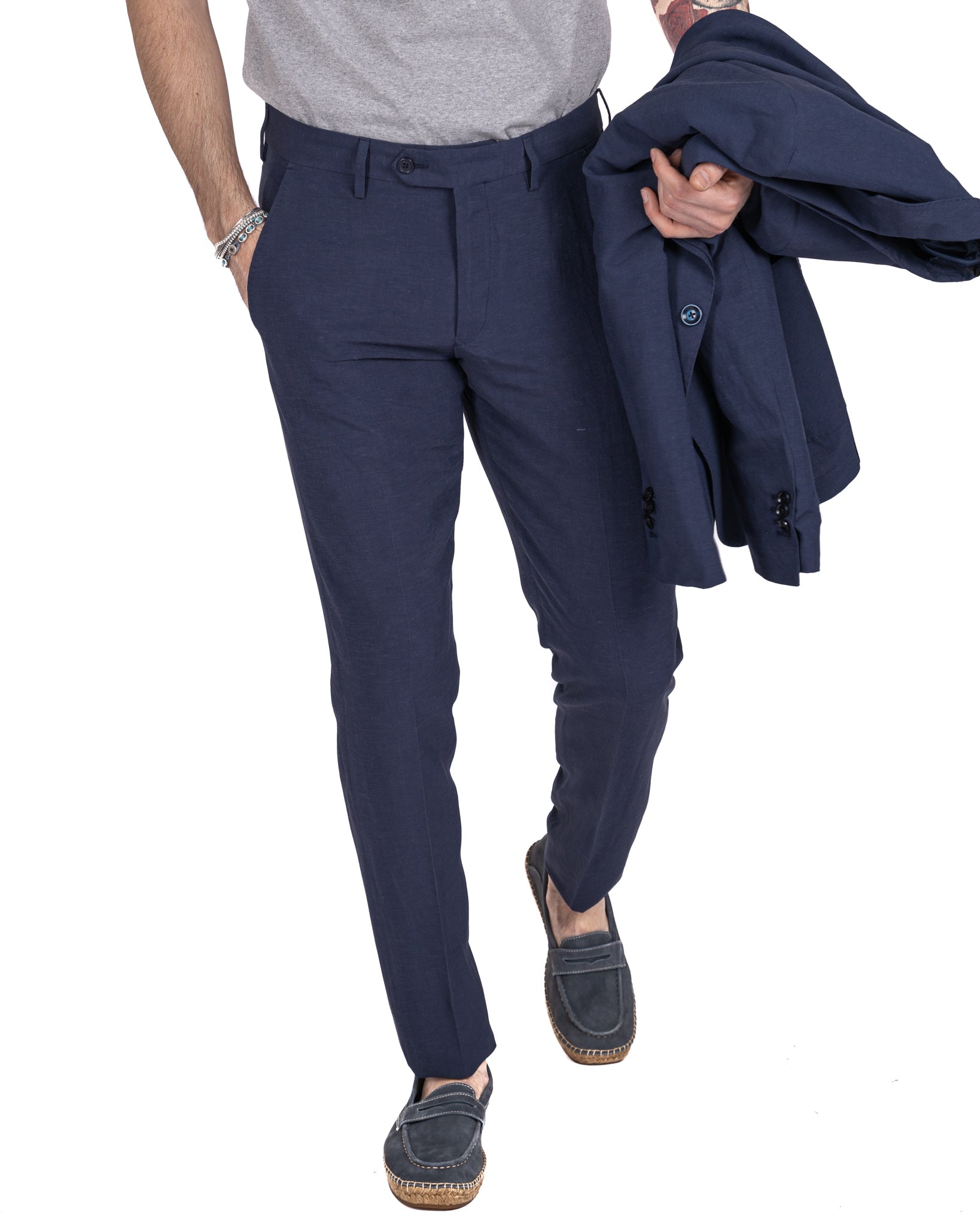 Ventotene - costume en lin bleu à boutonnage simple