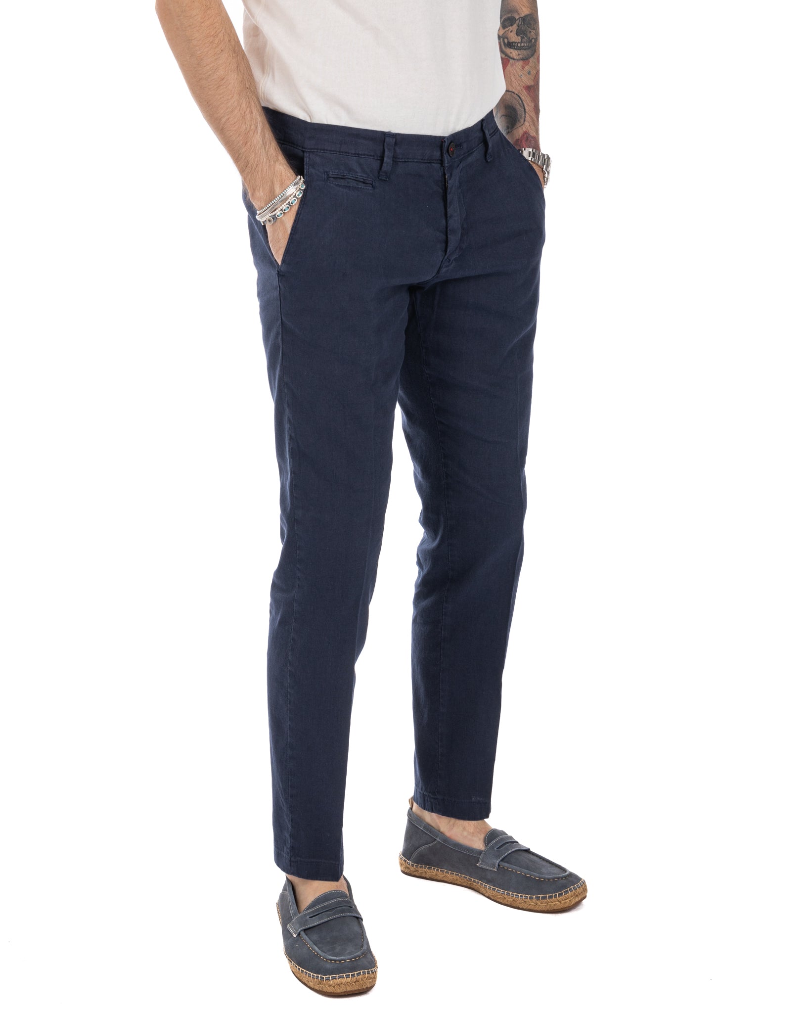 Didier - pantalone blu in lino stretch